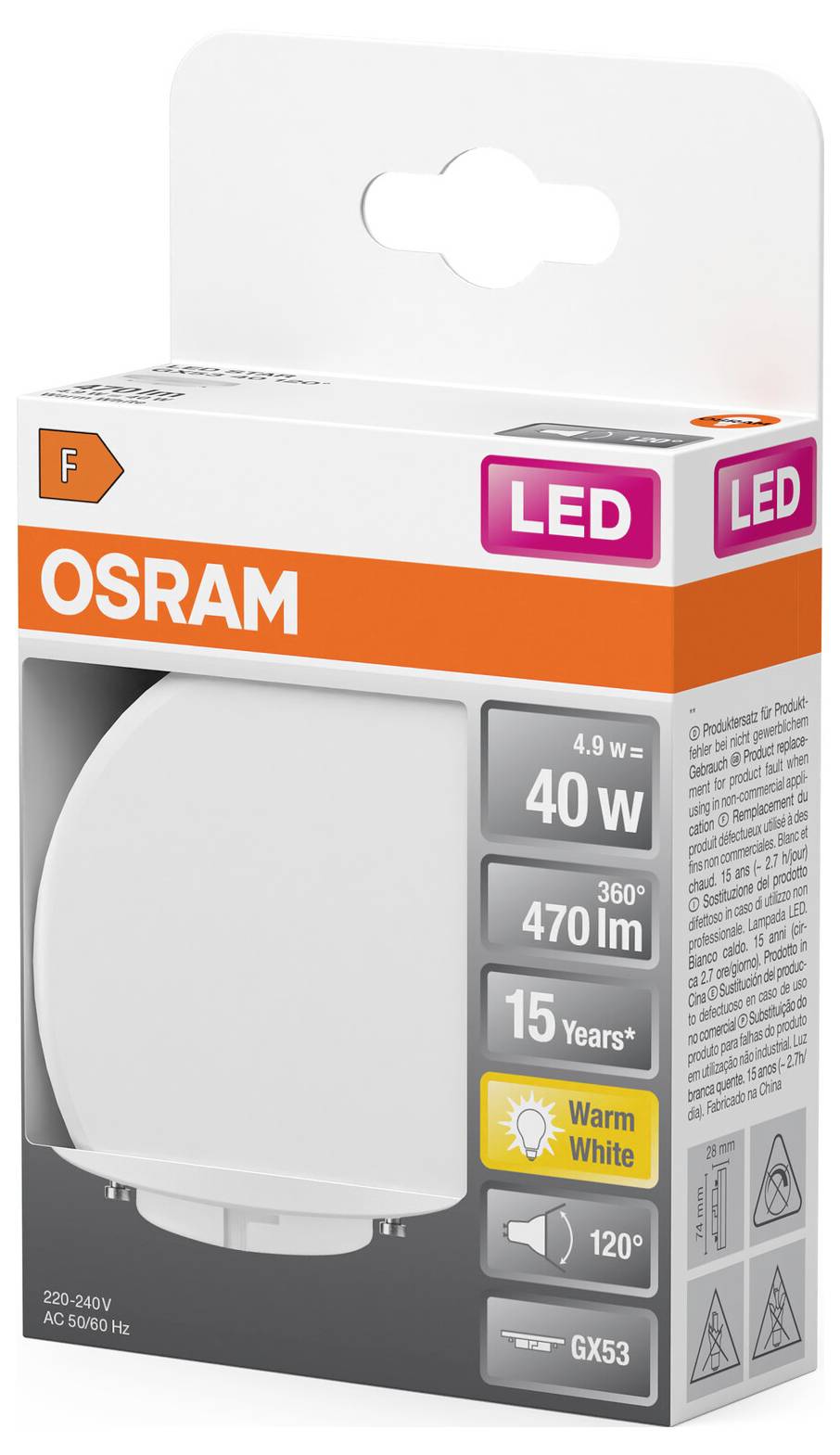 LED-Lampe in einer Verpackung von OSRAM, 40 Watt, 470 Lumen, 360° Abstrahlwinkel, warmweißes Licht, Lebensdauer 15 Jahre, Energieklasse F.