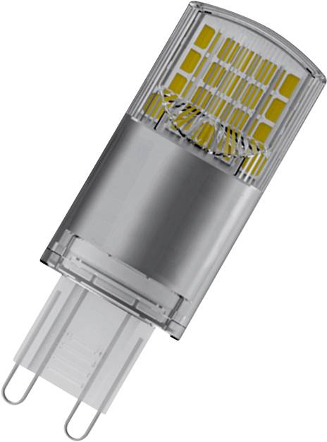 Eine LED-Lampe mit einem transparierenden Gehäuse, das die gelben LED-Chips und die Befestigung sichtbar macht.
