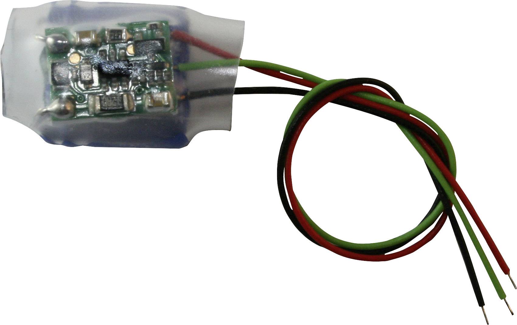 Ein kleiner elektronischer Schaltkreis mit drei herausragenden Drähten in Rot, Grün und Schwarz, umhüllt von einer durchsichtigen Schutzhülle.