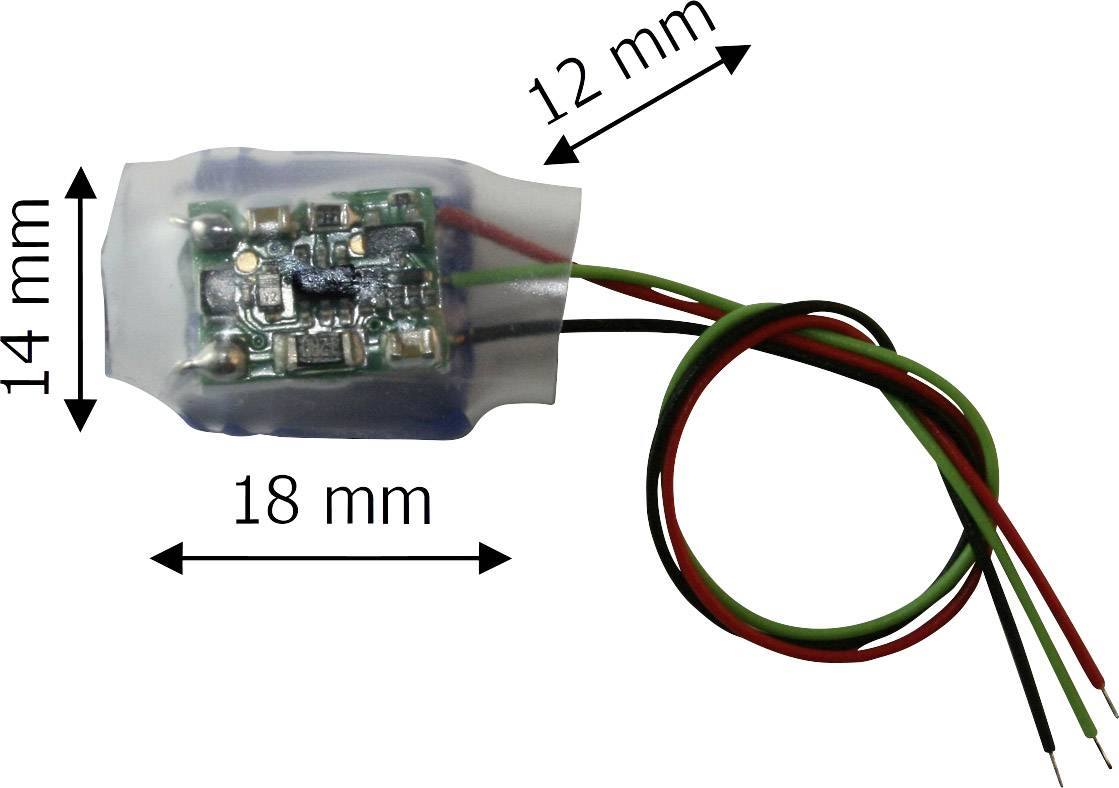 Elektronisches Bauteil mit Kabeln, in Kunststoff gehüllt. Maße: 18 mm breit, 14 mm hoch, 12 mm tief.