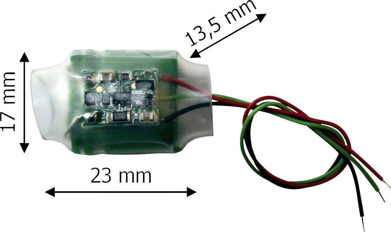 Ein kleiner, verkabelter elektronischer Schaltkreis mit grüner Kunststoffhülle, 23 mm lang, 17 mm breit, 13,5 mm hoch.