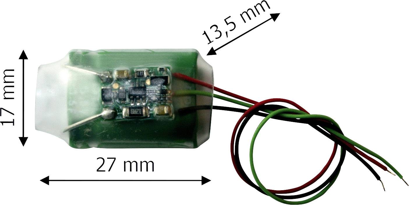 Elektronisches Bauteil mit grüner Leiterplatte in transparentem Gehäuse. Verkabelung in Rot, Grün, Schwarz. Maße: 27 mm x 17 mm x 13,5 mm.
