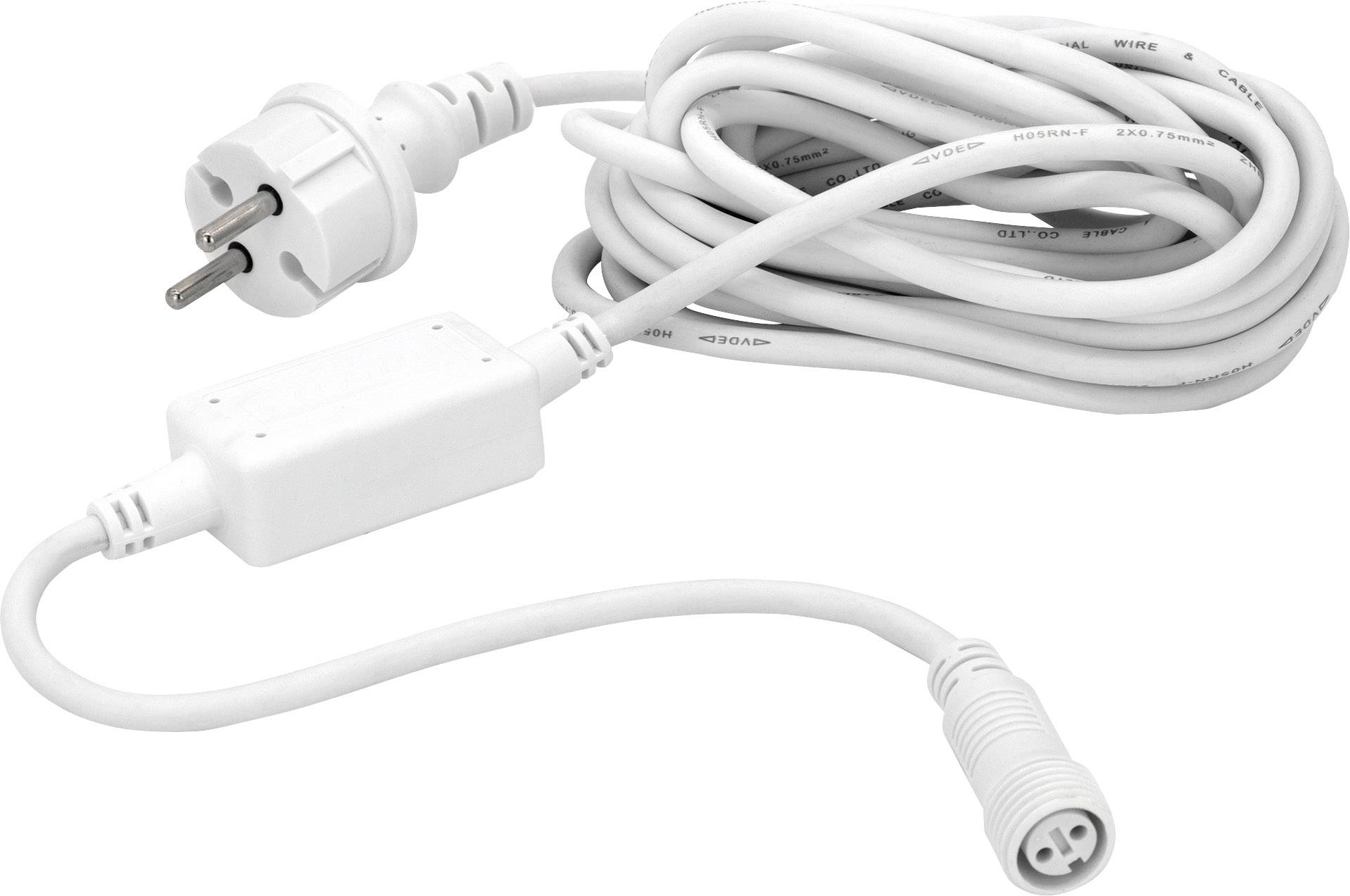 Ein langes, weißes Stromkabel mit einem Stecker und einem Verbindungsstück.