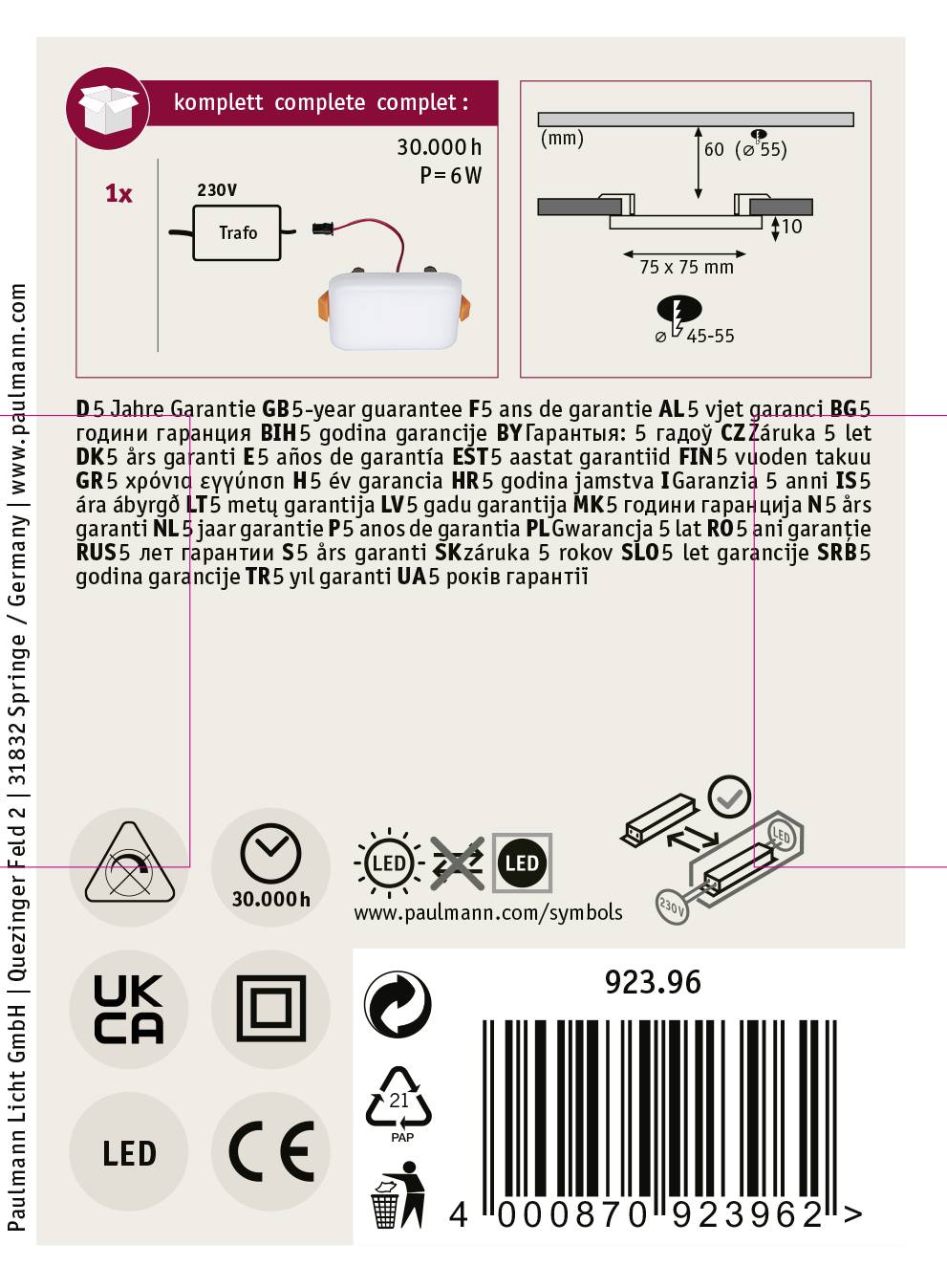 Paulmann 92396 EB Panel Veluna VariFit LED-Einbauleuchte 4.50W Satin