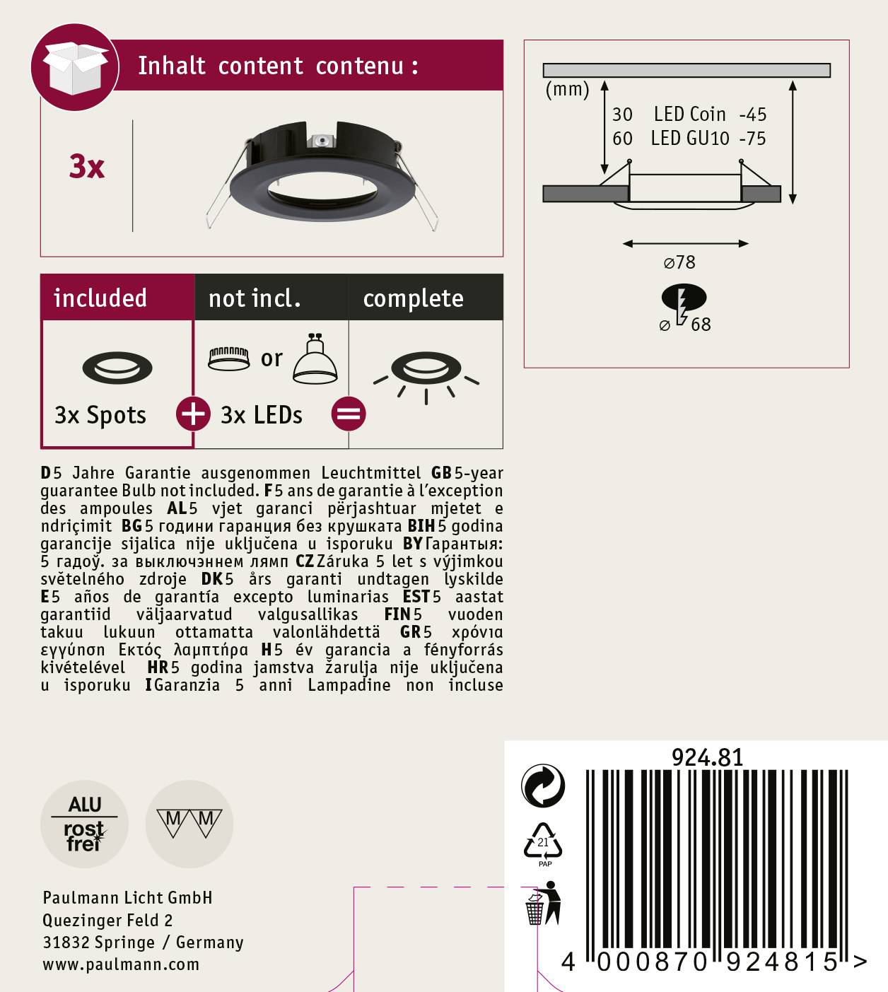 Paulmann 92481 EBL Choose Einbauring 3er Set 10W Schwarz (matt)