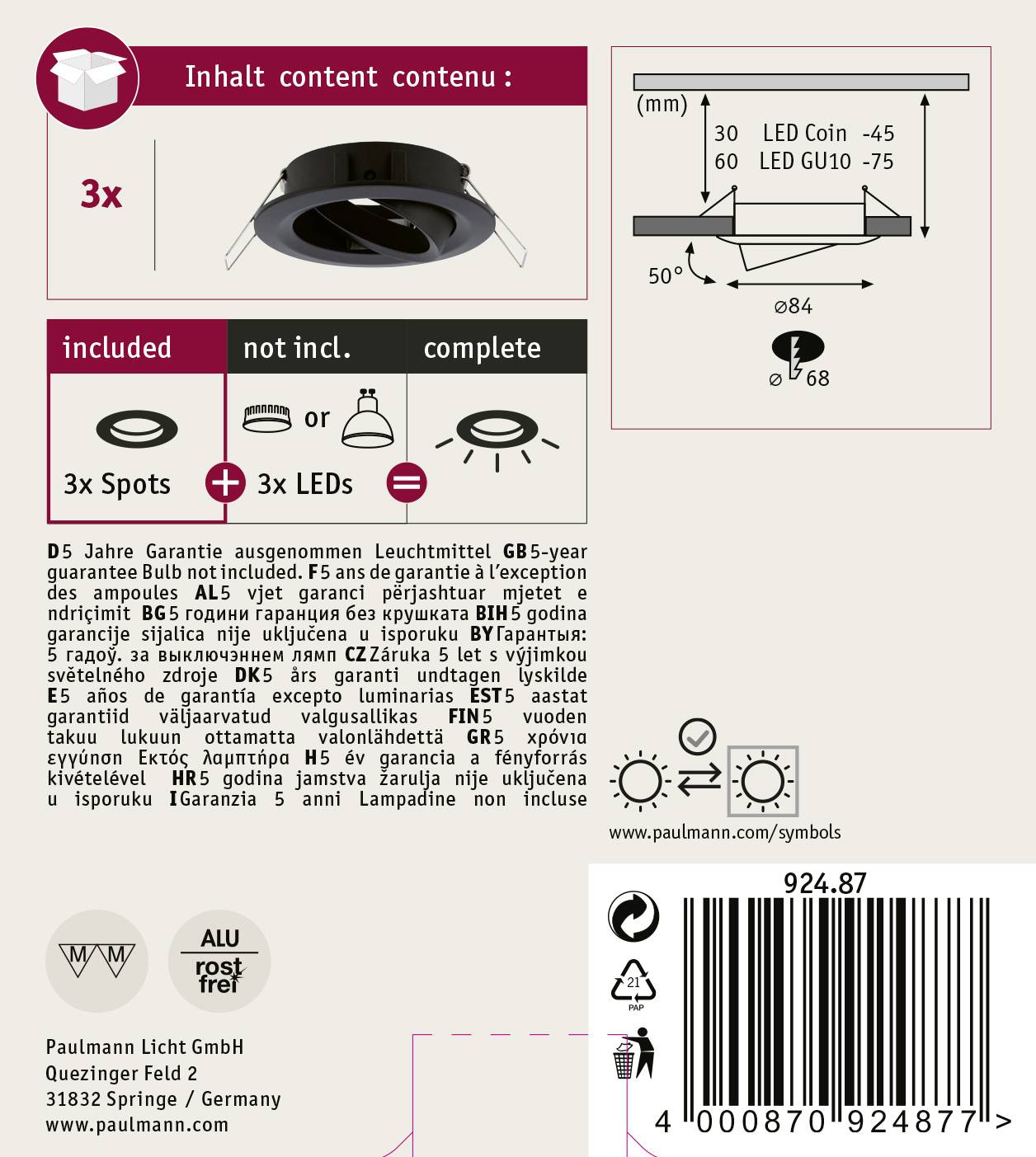 Paulmann 92487 EBL Choose Einbauring 3er Set 10W Schwarz (matt)
