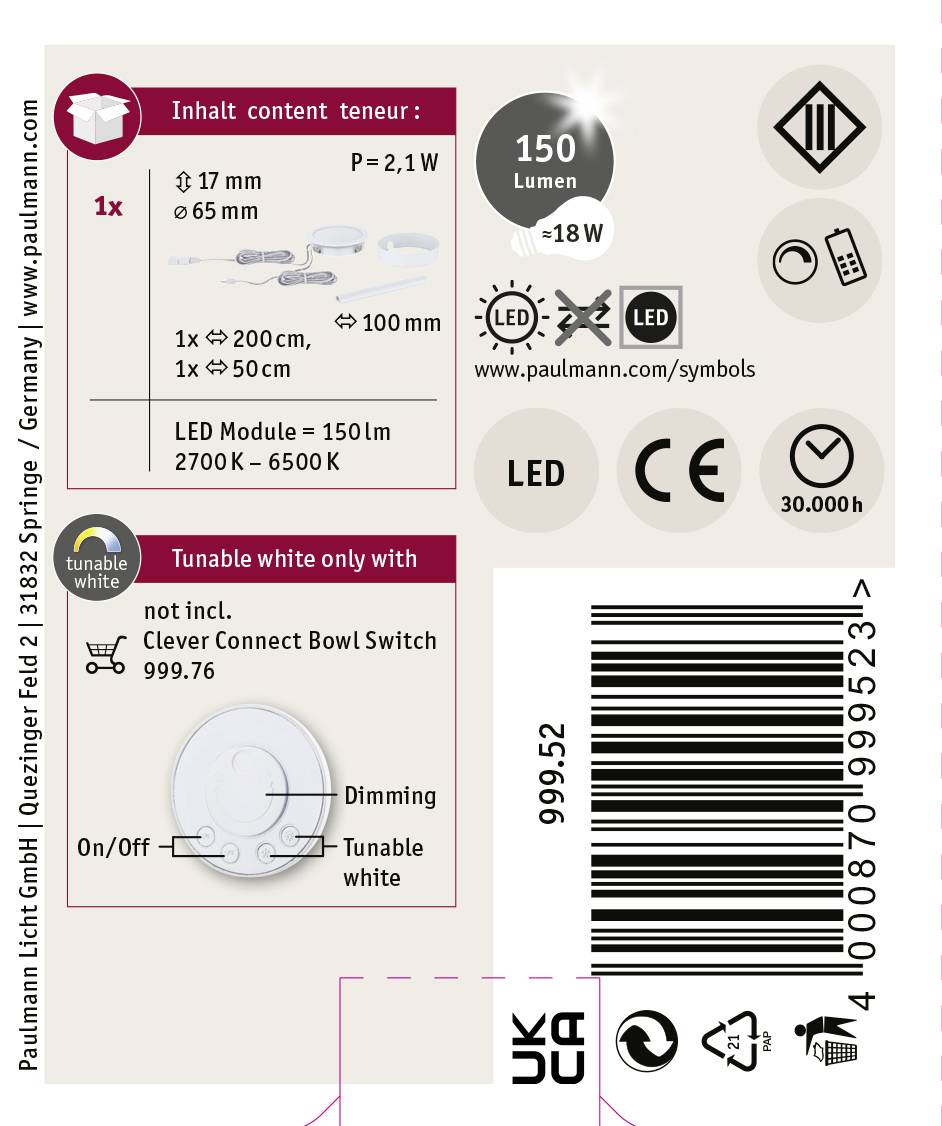 Paulmann CC Disc Unterbauleuchte 2.10W Warmweiß Weiß