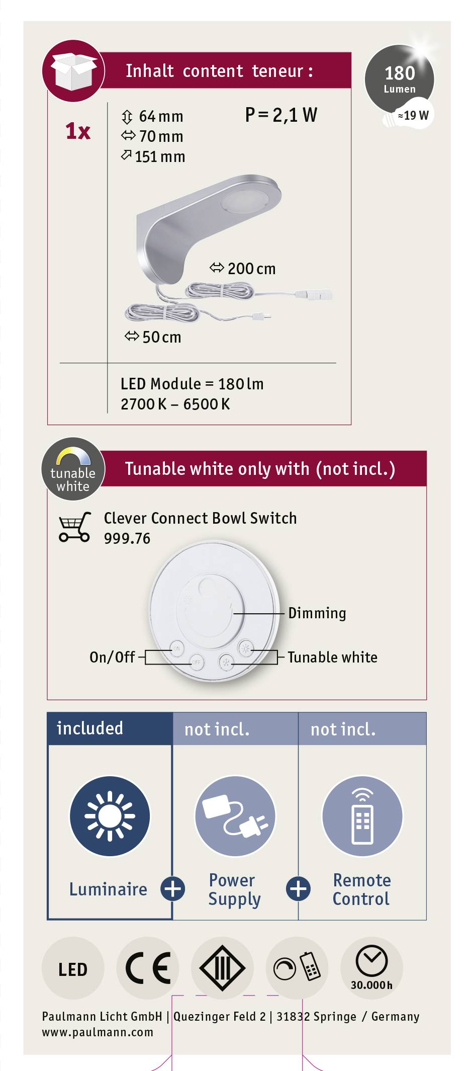 Paulmann CC Neda Unterbauleuchte 2.10W Warmweiß Chrom
