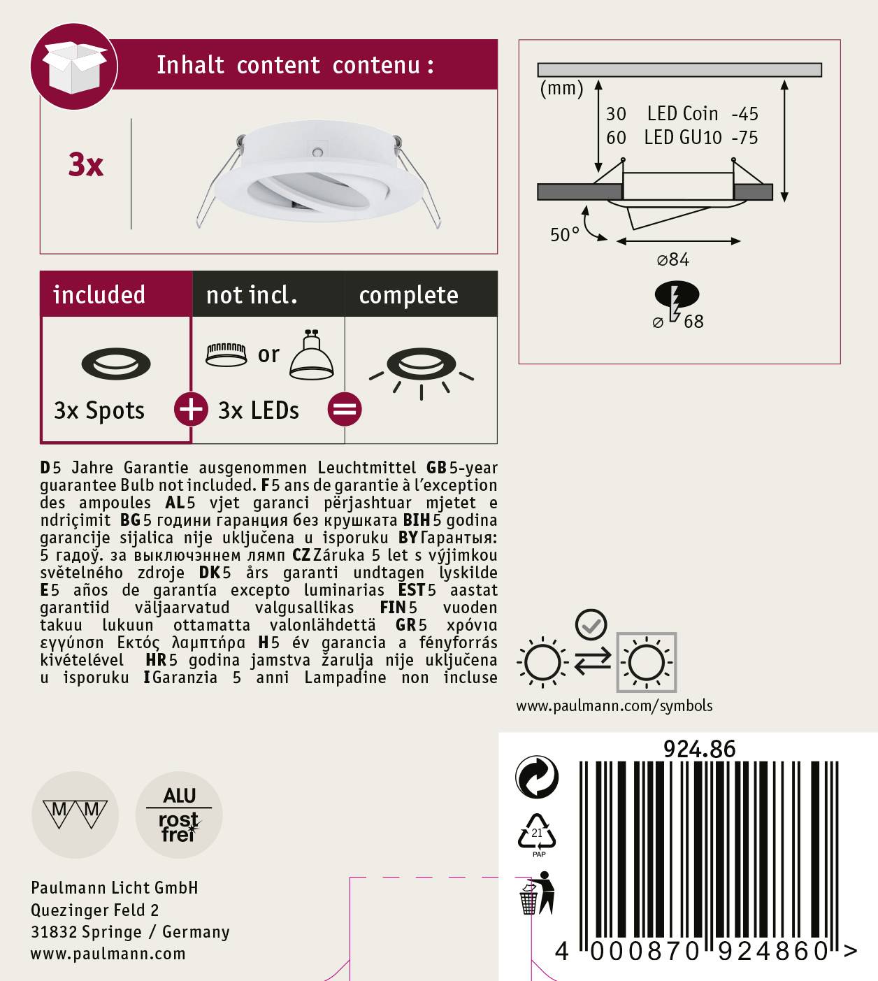 Paulmann 92486 EBL Choose Einbauring 3er Set 10W Weiß