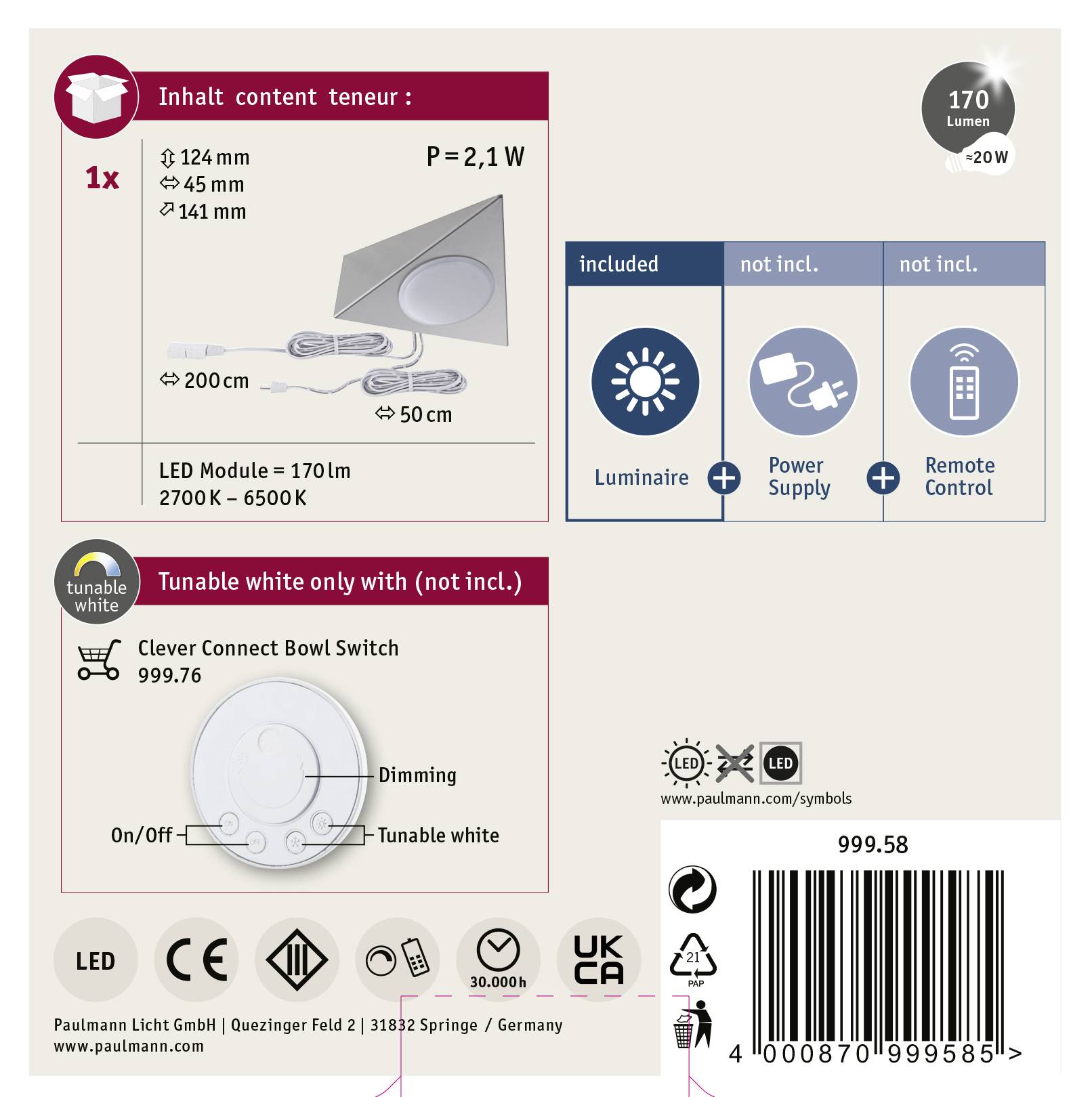 Paulmann CC Trigo Unterbauleuchte 2.10W Warmweiß Nickel