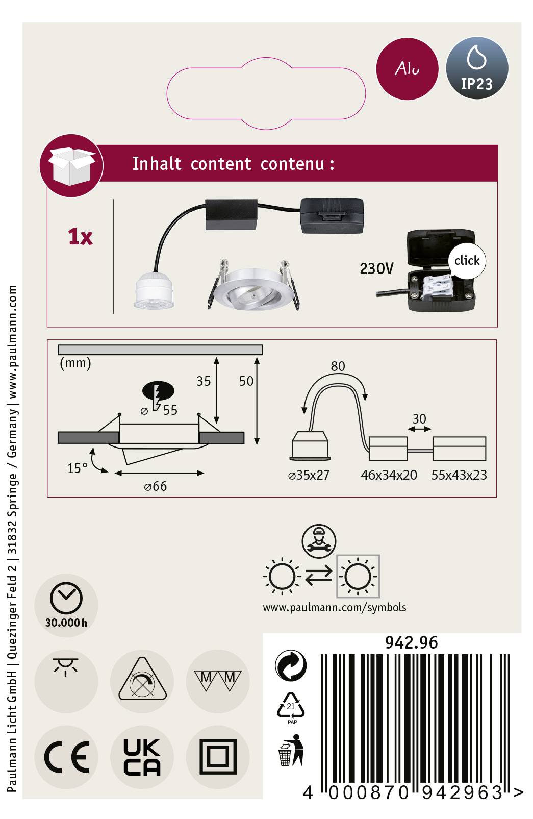 Paulmann 94296 EBL Nova mini Coin LED-Einbauleuchte 4W Aluminium