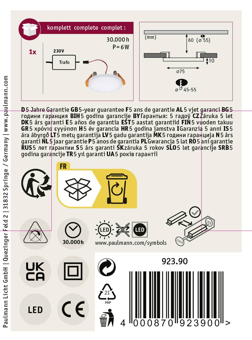 Paulmann 92390 EB Panel Veluna VariFit LED-Einbauleuchte 4.50W Satin