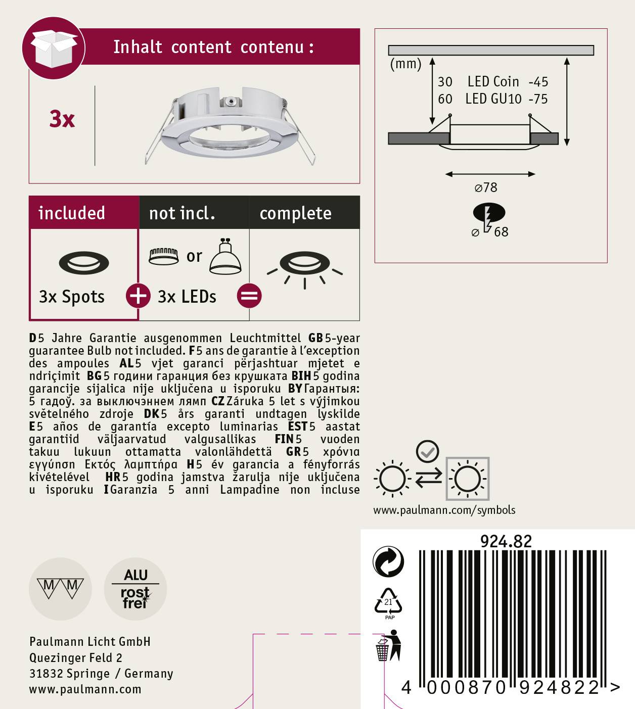Paulmann 92482 EBL Choose Einbauring 3er Set 10W Chrom