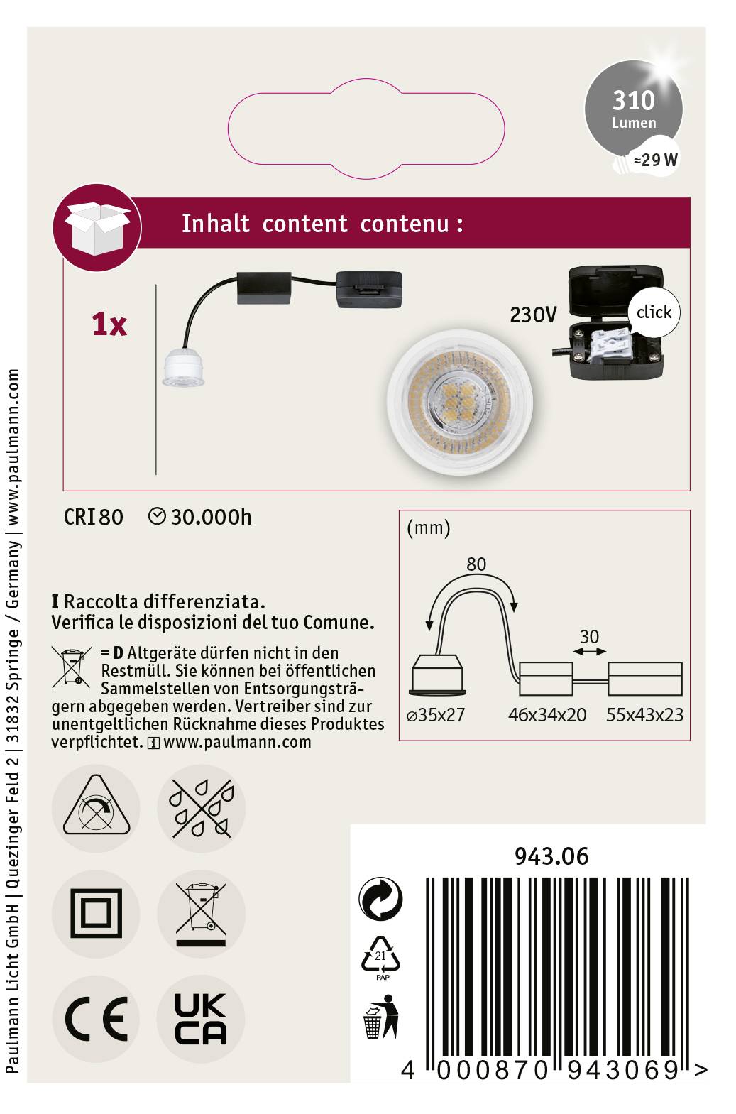 Verpackung einer LED-Lampe. Oben: Lichtleistung 310 Lumen, 29W Ersatz. Mitte: Skizze der Lampe mit EU-Stecker. Unten: Barcodes, Recyclinghinweise.