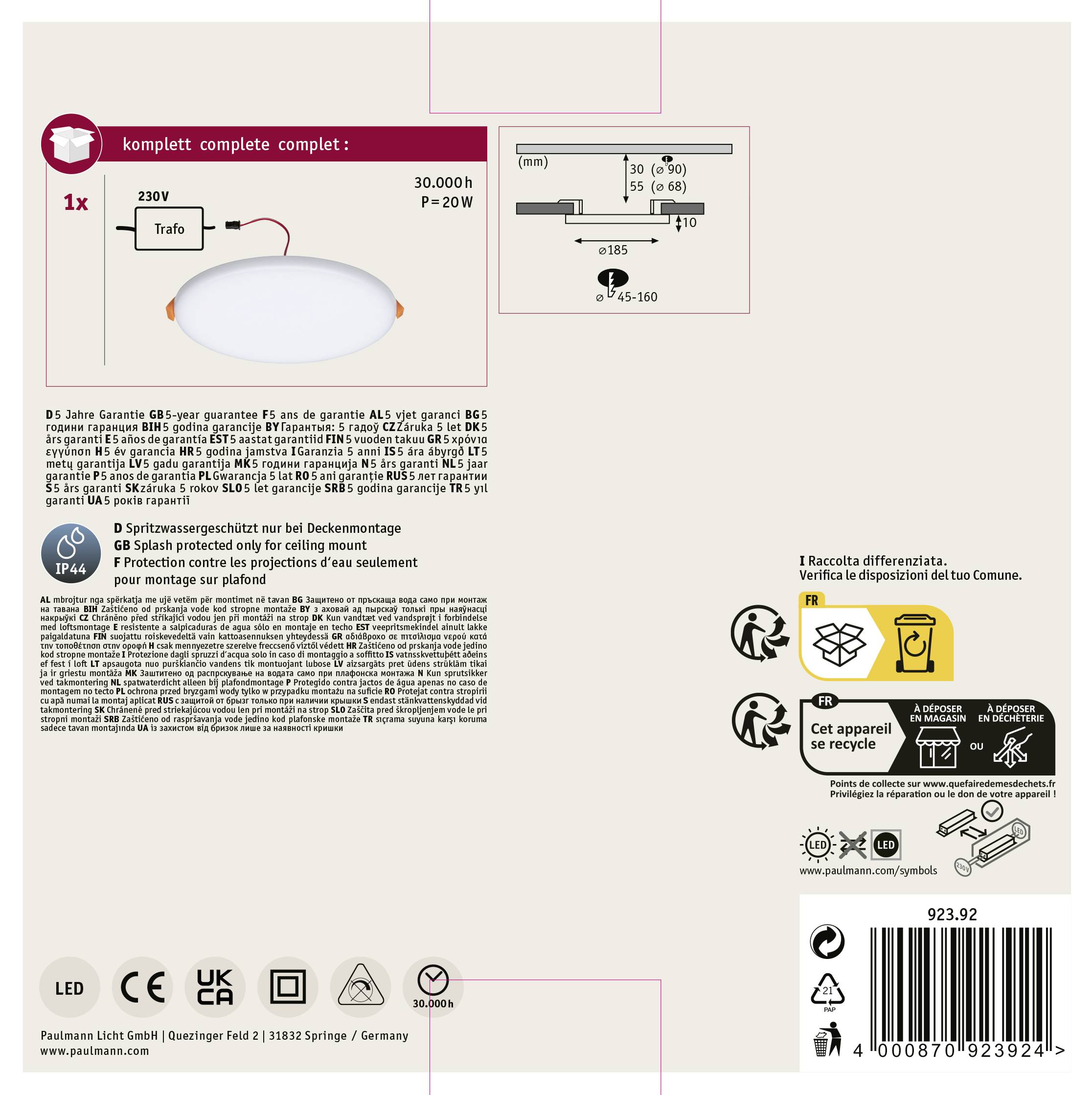Paulmann 92392 EB Panel Veluna VariFit LED-Einbauleuchte 17.50 W Satin