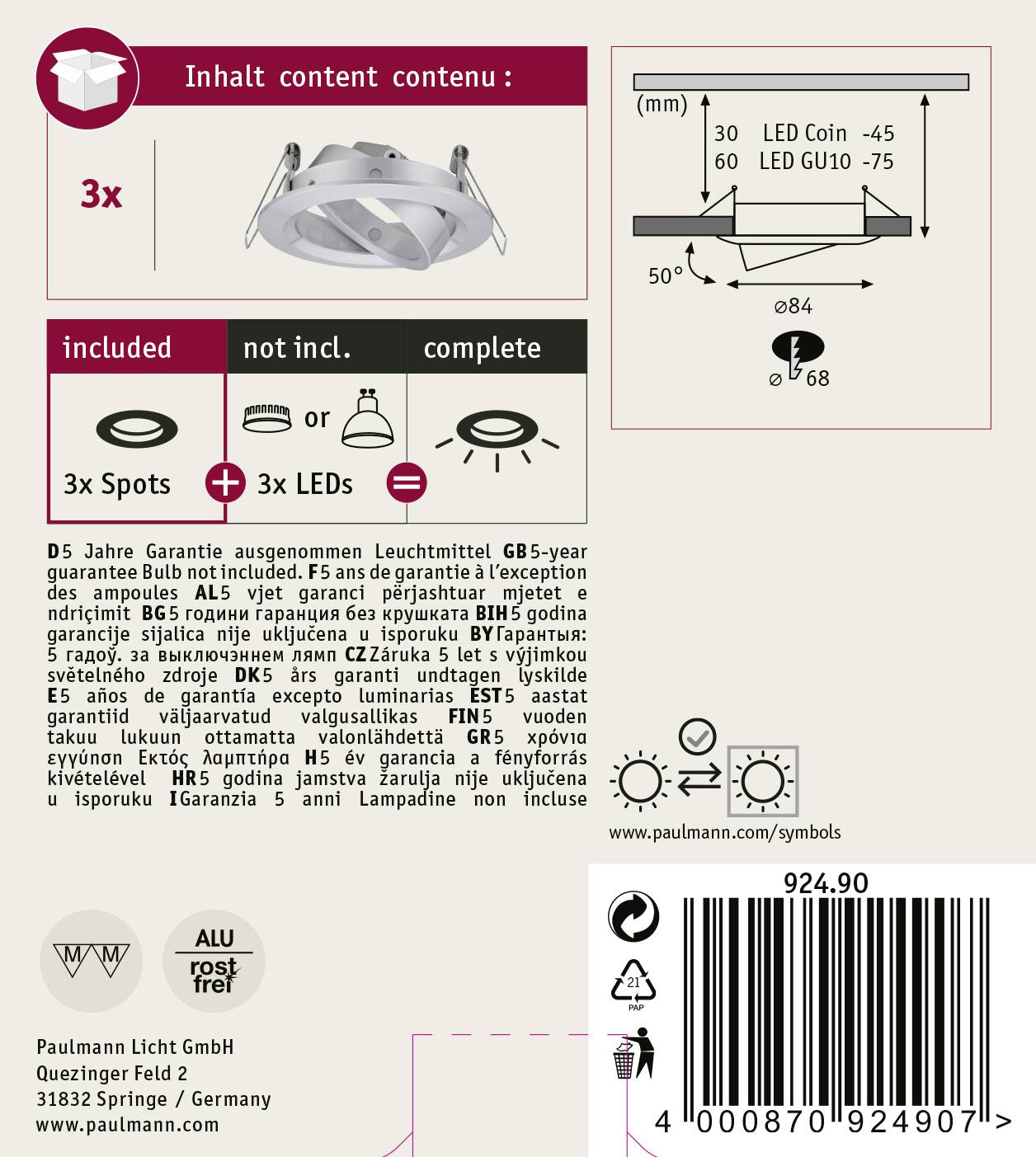 Paulmann 92490 EBL Choose Einbauring 3er Set 10W Aluminium (gedreht)