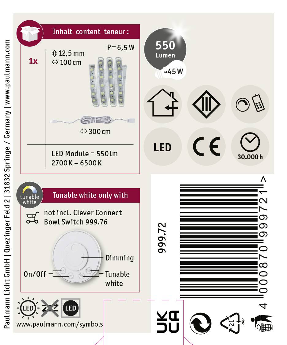 Paulmann CC Stripe Unterbauleuchte 6.50W Warmweiß Transparent