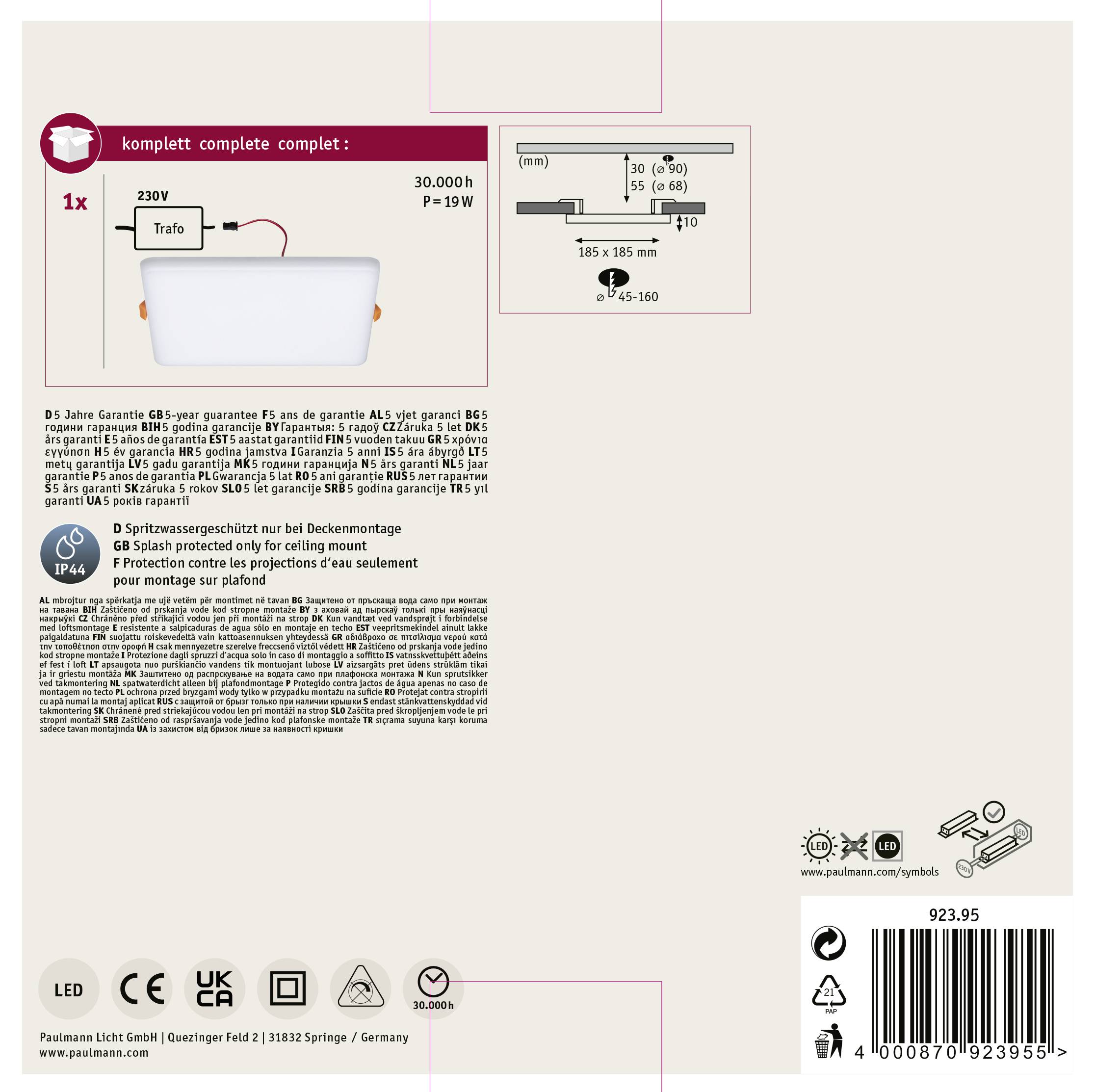 Paulmann 92395 EB Panel Veluna VariFit LED-Einbauleuchte 17W Satin