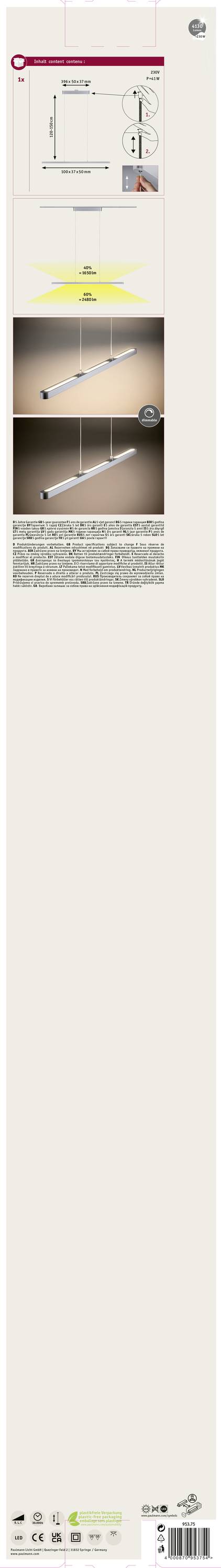 Paulmann URail Pendel Lento Pendelleuchte URail 41W Chrom (matt)