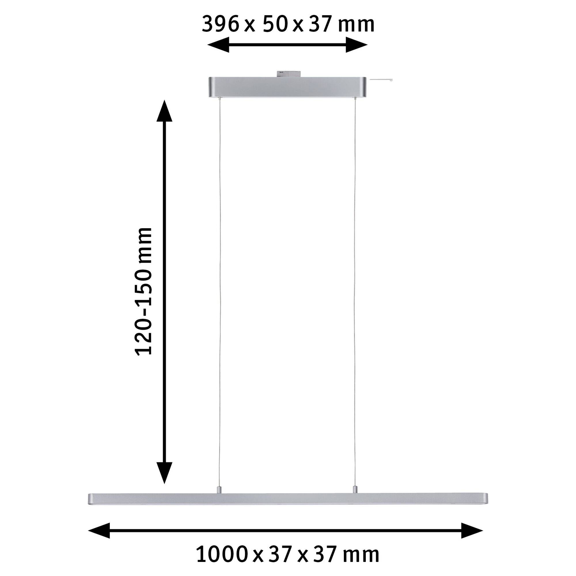 'Pendelleuchte' mit Maßen: Breite 1000 mm, Höhe 120-150 mm, Tiefe 37 mm, Befestigungsteil 396 x 50 x 37 mm.
