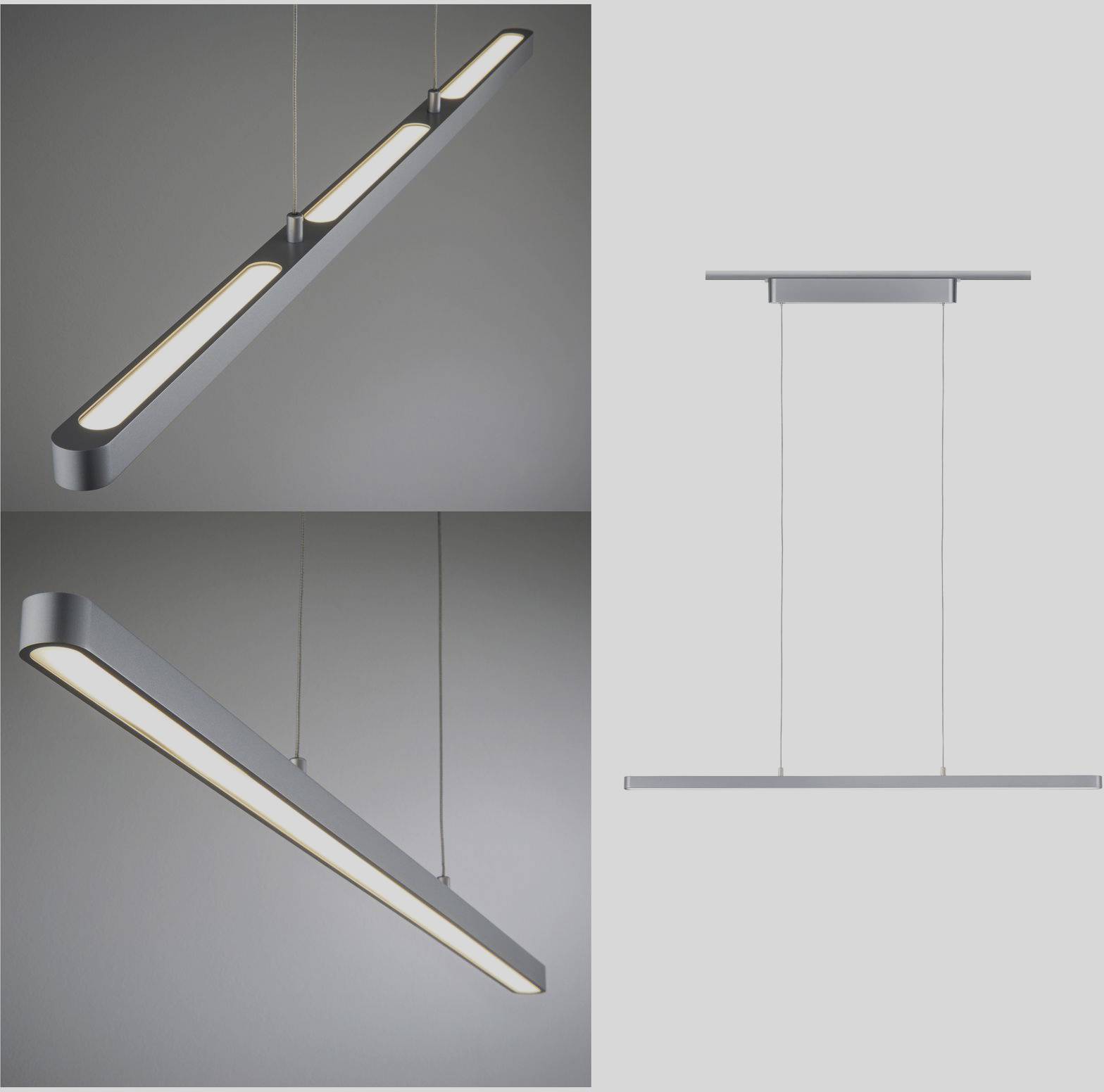 Hängelampe in modernem Design mit schlanker, rechteckiger Form. Dreifach aus verschiedenen Winkeln gezeigt.