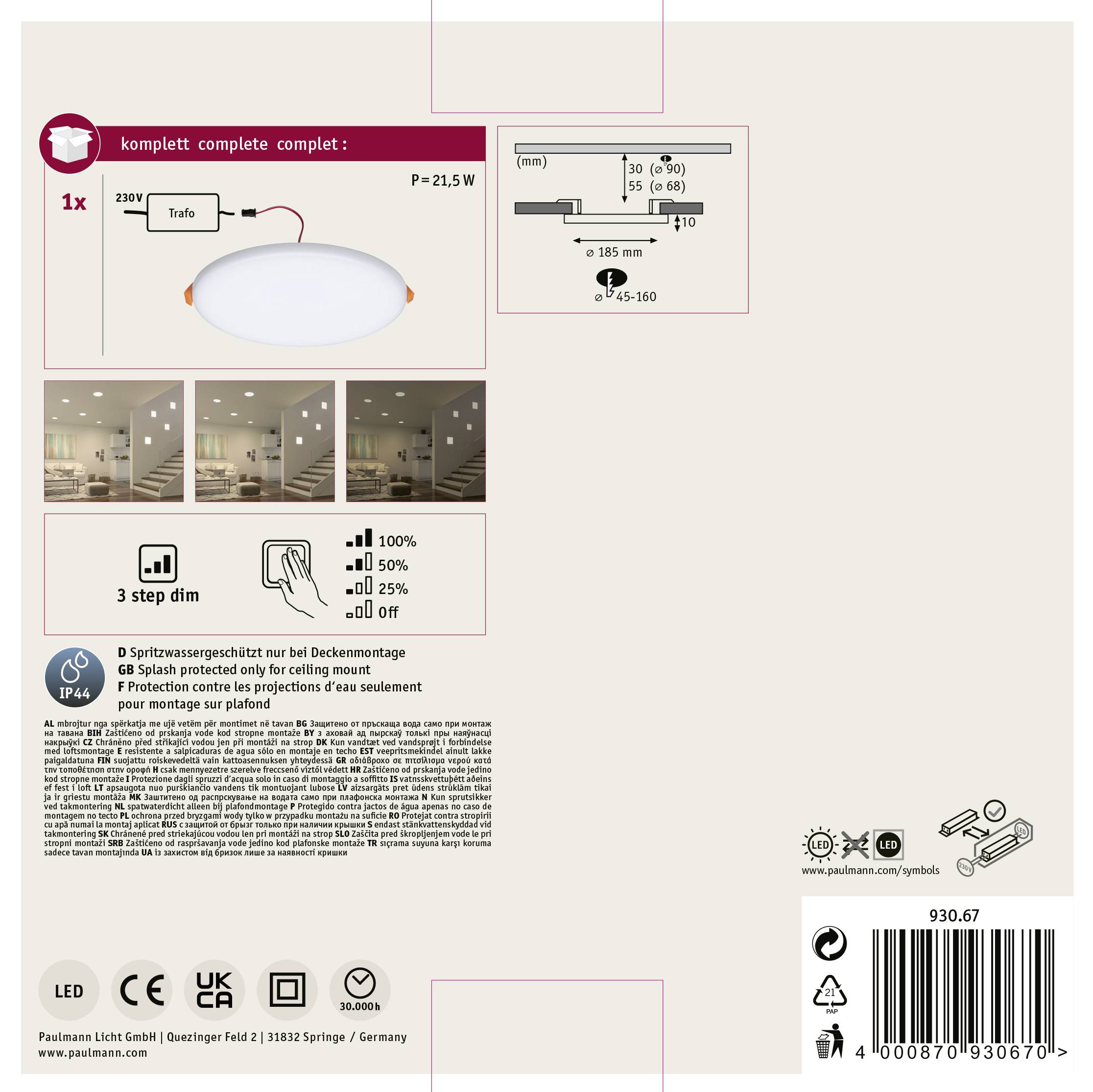 Paulmann 93067 EB Panel Veluna VariFit LED-Einbauleuchte 17.50W Satin