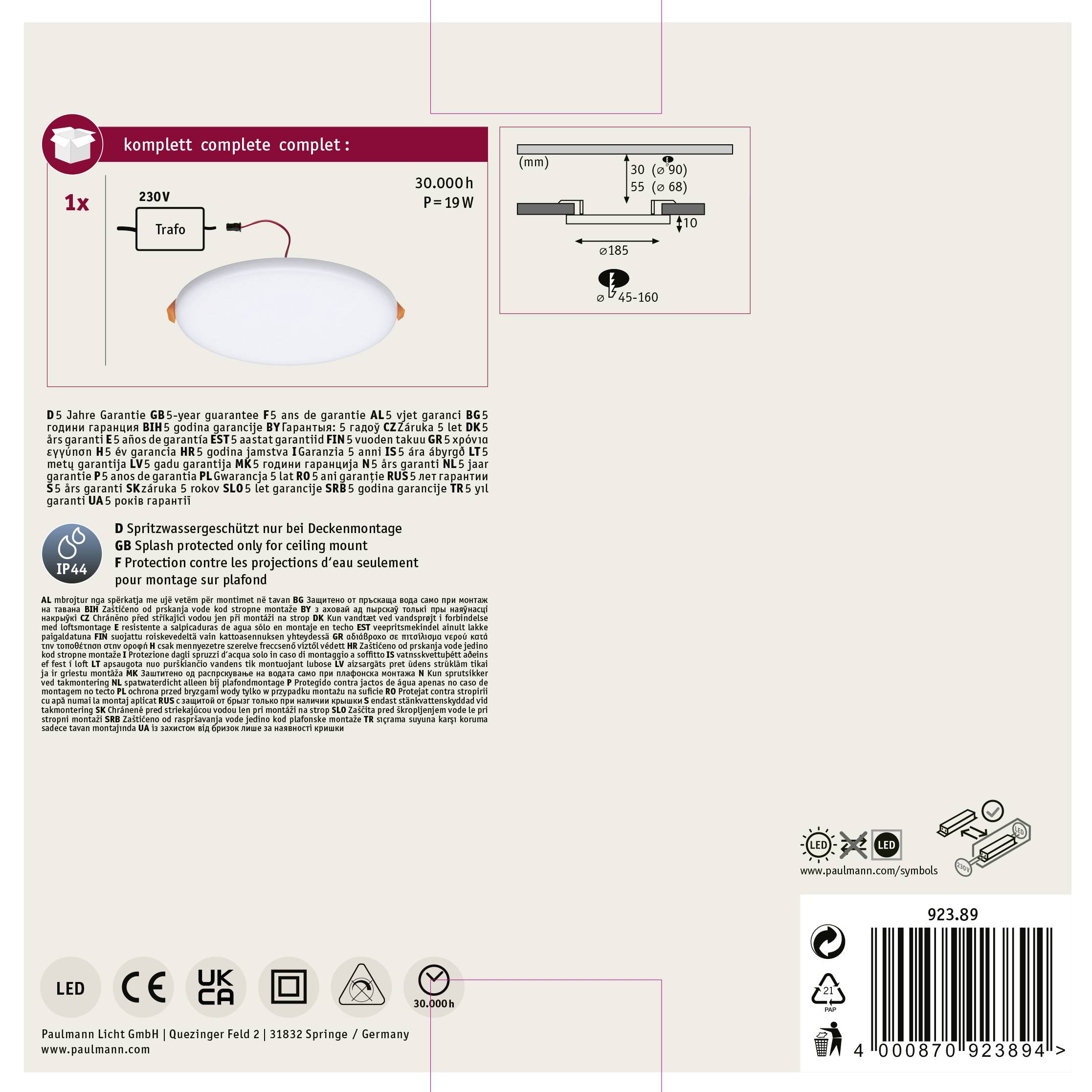 Paulmann 92389 EB Panel Veluna VariFit LED-Einbauleuchte 17W Satin