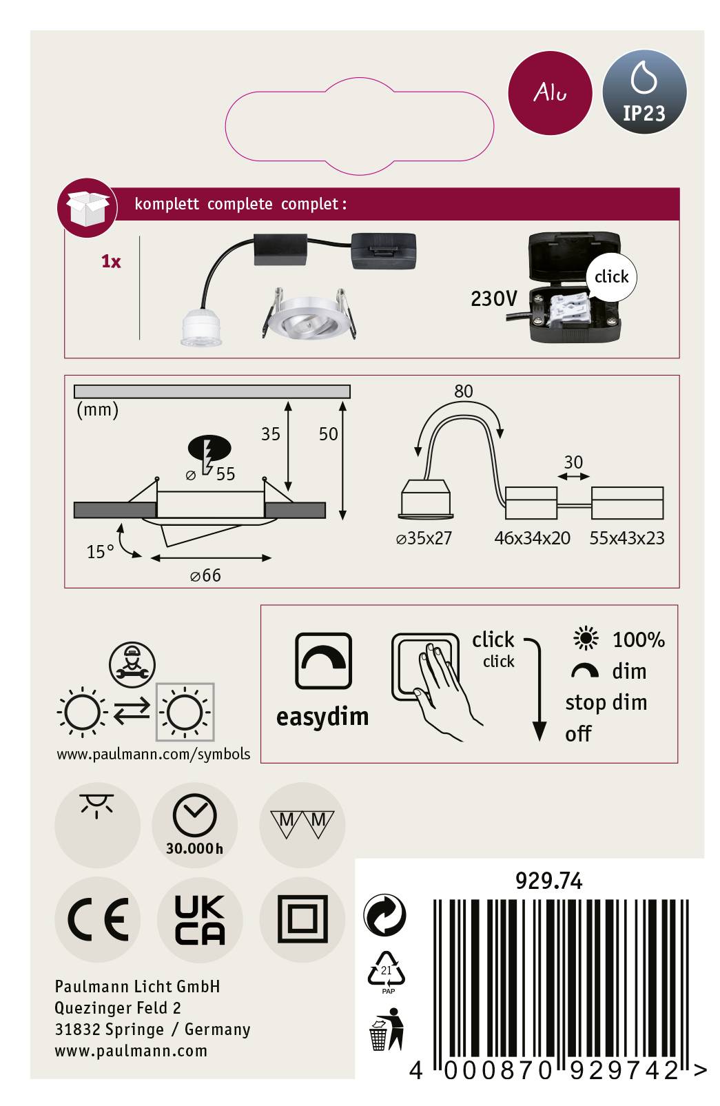 Paulmann 92974 EBL Nova mini Plus Coin LED-Einbauleuchte 4.20 W Aluminium