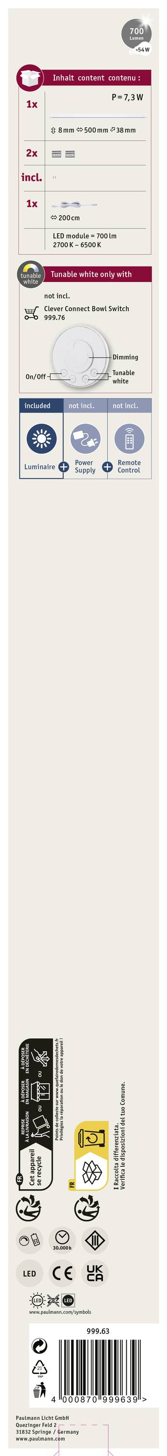 Paulmann CC Border Unterbauleuchte 7.50W Warmweiß Weiß