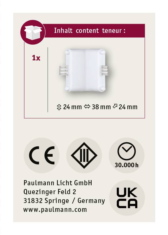 'Inhalt: 1x LED-Lampe' mit den Maßen 24x38x24 mm. Symbole: CE, Doppelquadrat, '30.000h', UKCA. Hersteller: Paulmann Licht GmbH, Springe, Deutschland.