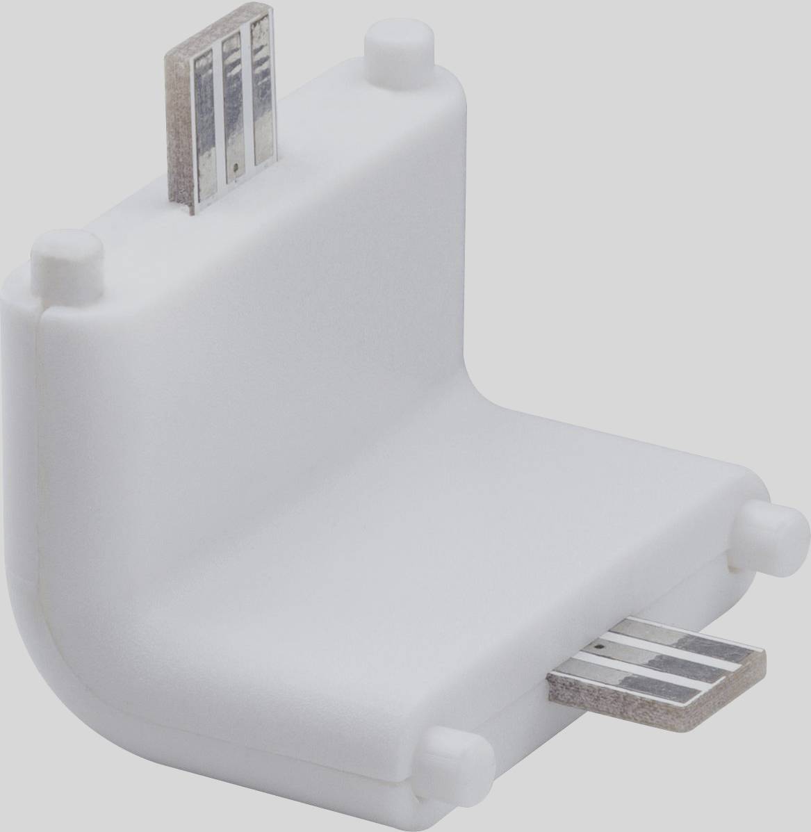 Ein weißer, L-förmiger USB-Steckeradapter mit zwei verschiedenen Steckertypen an den Enden, geeignet zum Anschluss von Geräten.