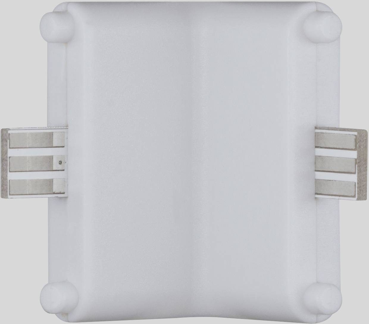 Ein weißer Plastikklemmverbinder mit metallischen Kontakten an beiden Seiten, geeignet für das Verbinden von flexiblen LED-Streifen.