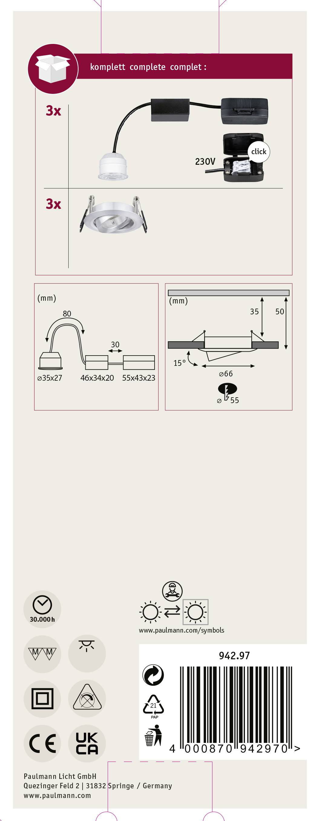 Set mit 3 weißen Einbaulampen, 230V, inklusive Fassung, Maße: 73x90mm, Einbautiefe 105mm, mit Bohrschablone, Artikelnummer: 942.97.