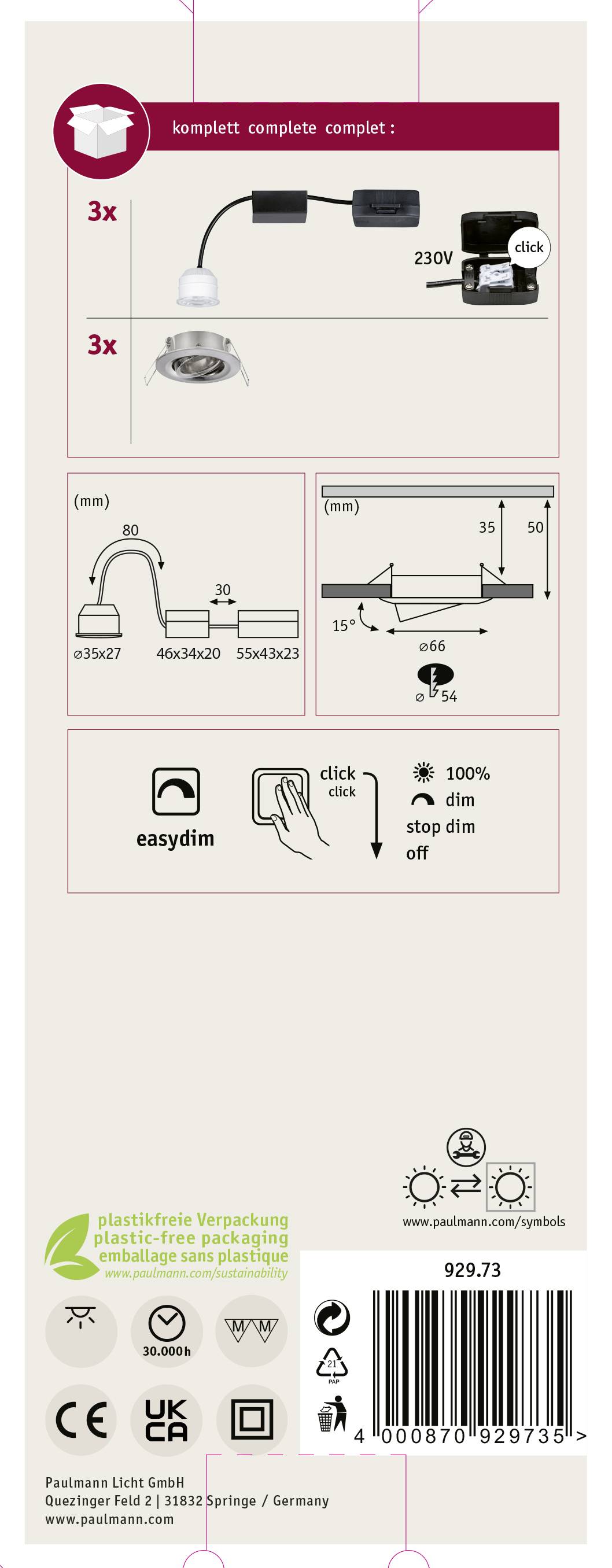 Paulmann 92973 EBL Nova mini Plus Coin LED-Einbauleuchte 3er Set 4.20W Eisen
