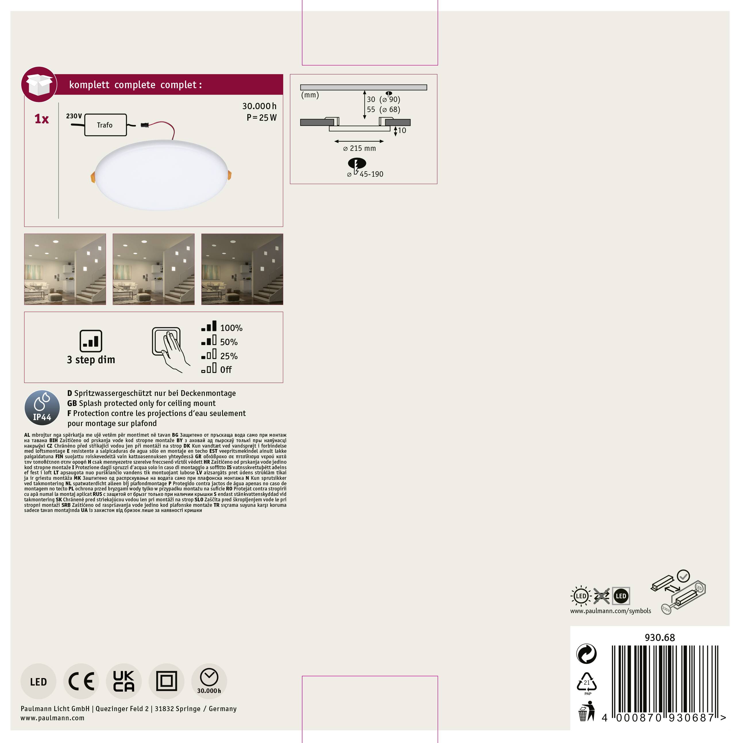 Paulmann 93068 EB Panel Veluna VariFit LED-Einbauleuchte 22W Satin