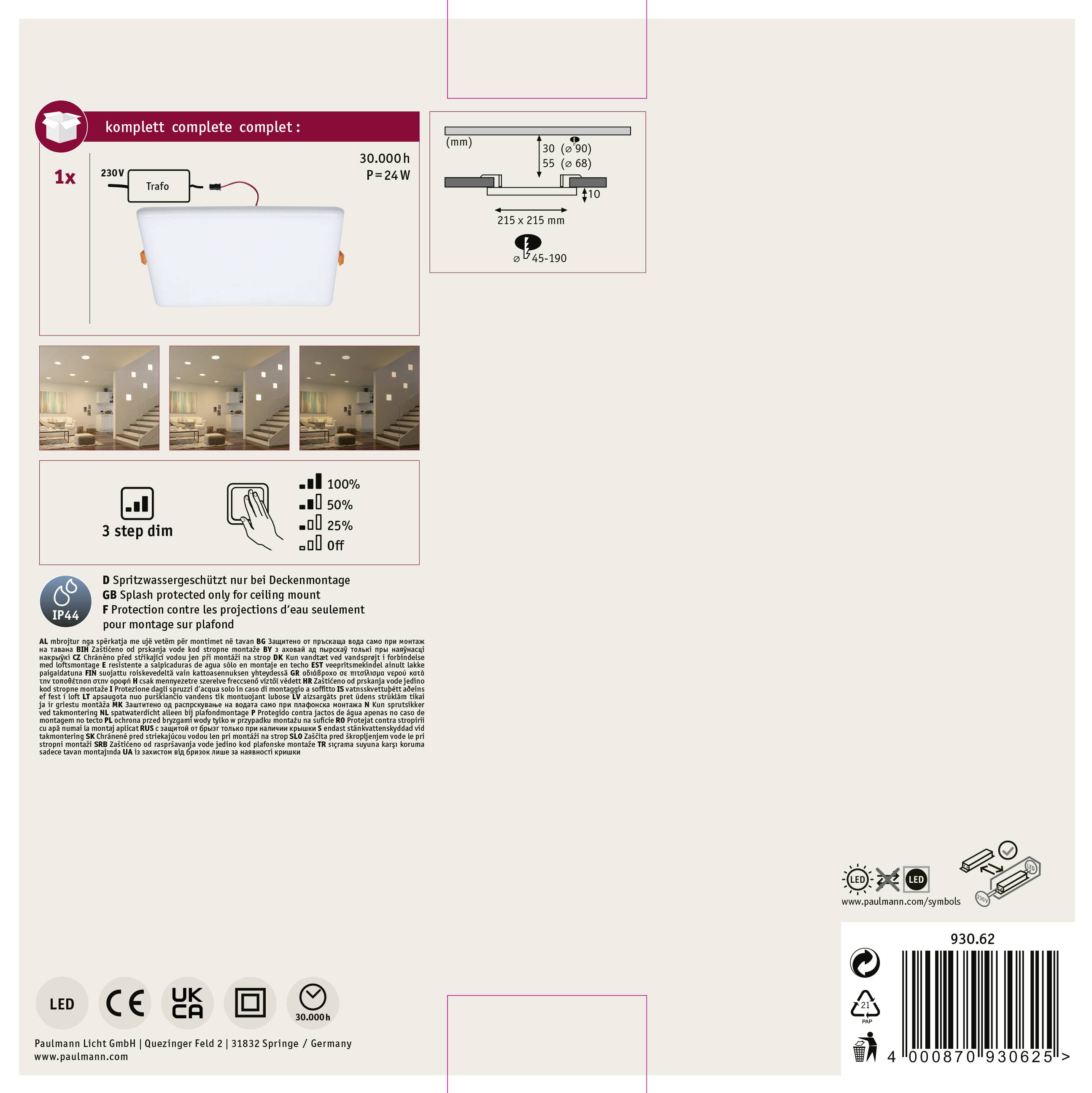 Paulmann 93062 EB Panel Veluna VariFit LED-Einbauleuchte 21W Satin