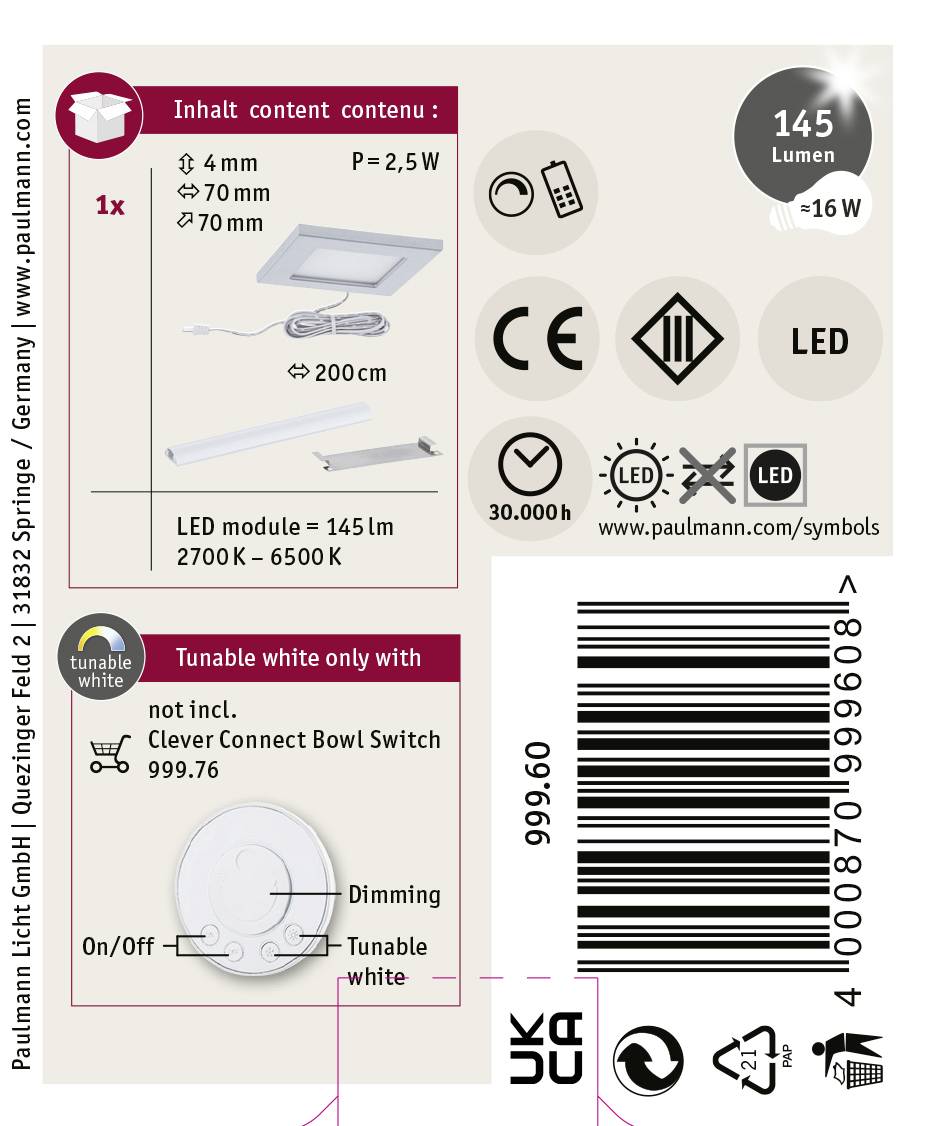 Paulmann CC Pola Unterbauleuchte 2.50W Warmweiß Chrom