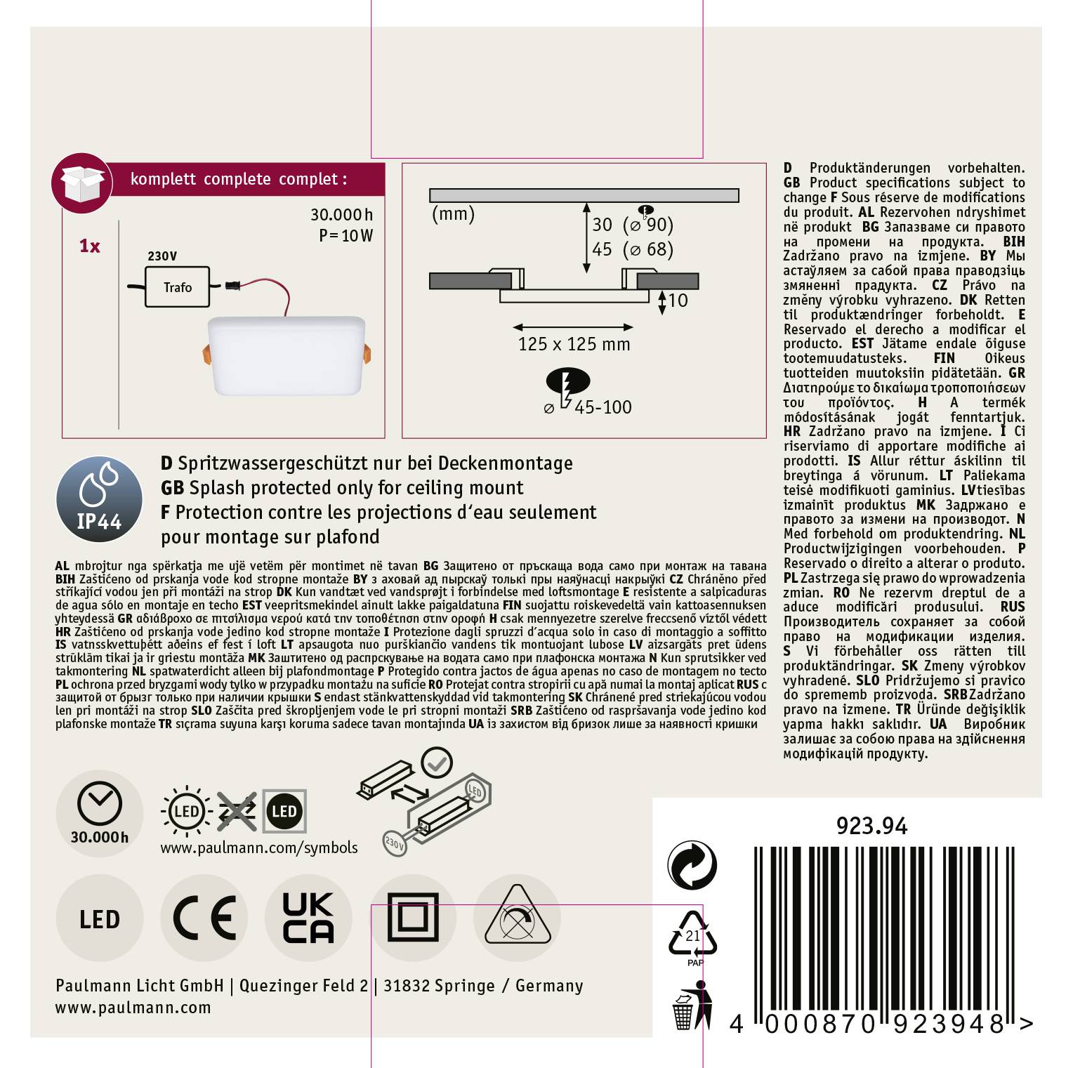 Paulmann 92394 EB Panel Veluna VariFit LED-Einbauleuchte 8.50W Satin