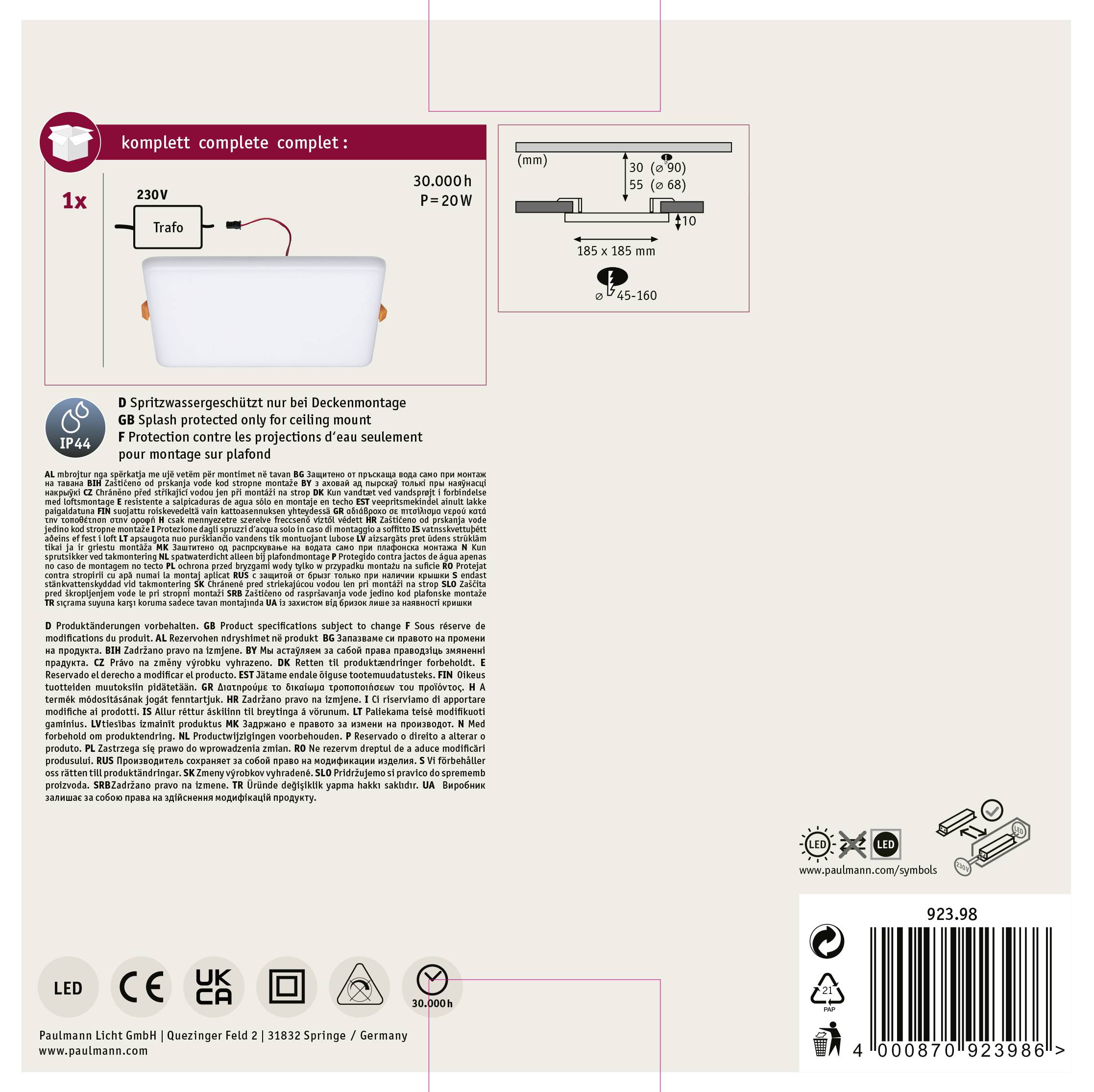 'Komplett-Set' mit LED-Beleuchtungssystem. Inklusive Trafo, Spannung 230V. Für Deckenmontage geeignet. Europäische Sicherheitszeichen enthalten.