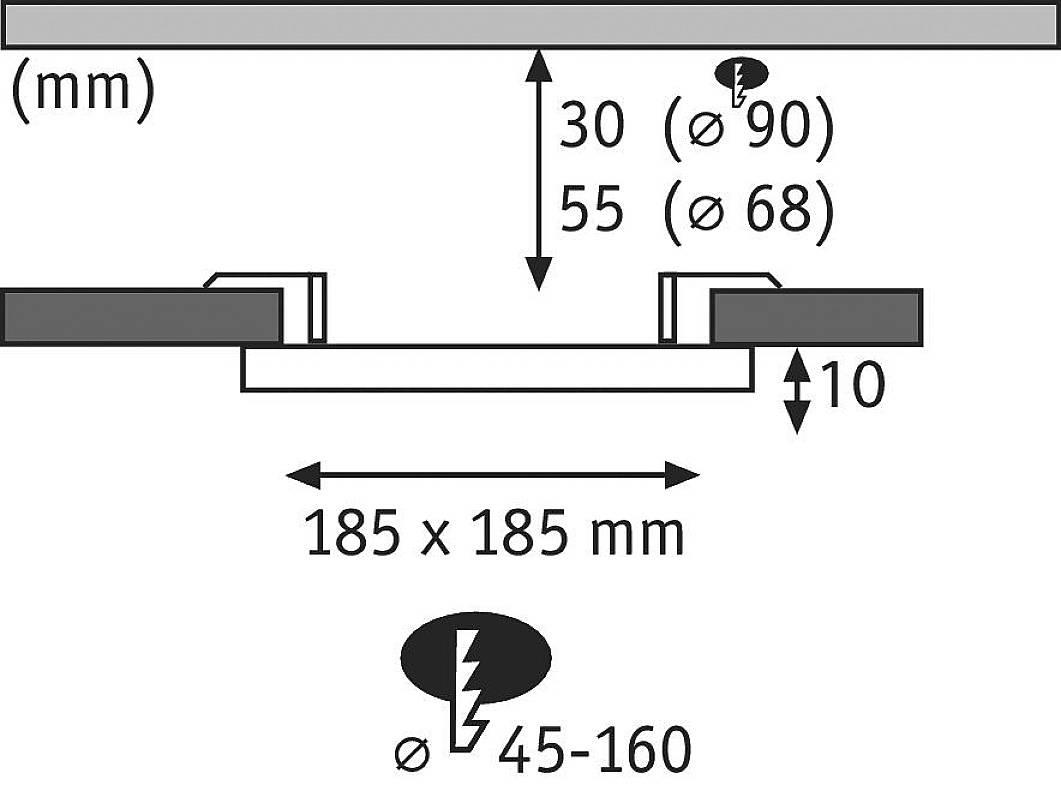 Diagramm, das die Abmessungen eines rechteckigen Objekts zeigt: 185x185 mm, 10 mm dick, mit Bohrlöchern von 45-160 mm Durchmesser.