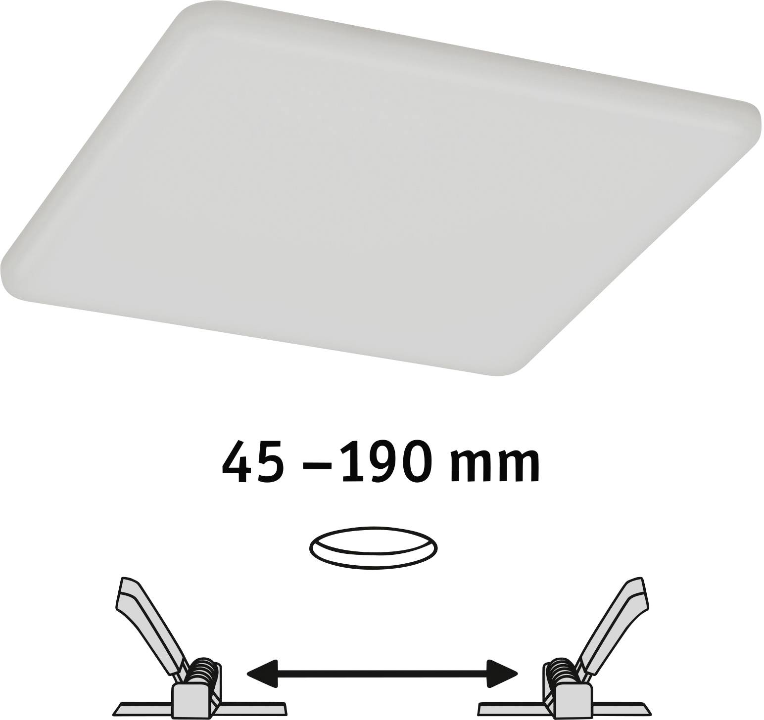 LED-Deckeneinbauleuchte in quadratischer Form, 45-190 mm einstellbarer Abstand für die Montage.