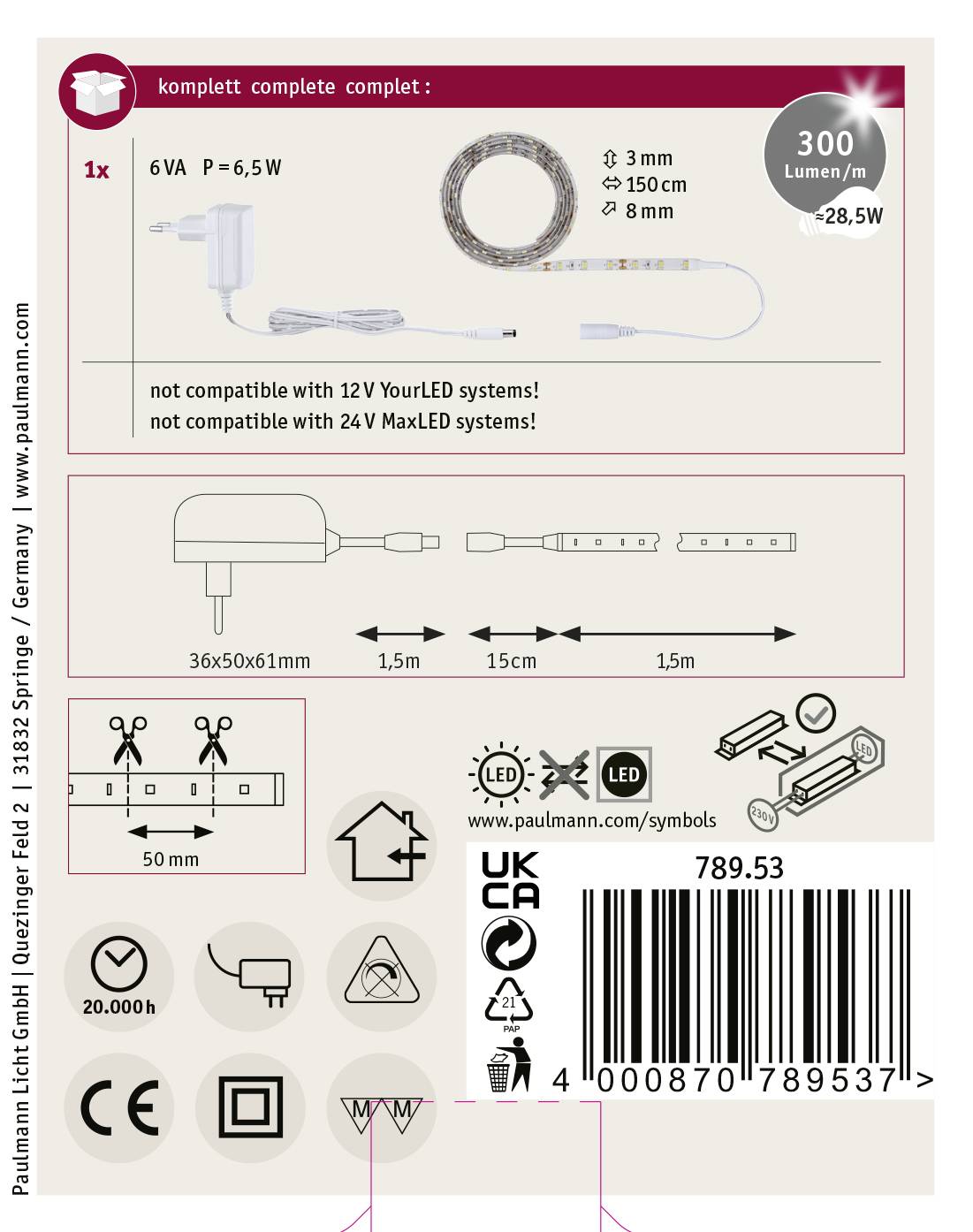 Paulmann FN SimpLED 78953 LED-Streifen mit Stecker 12V 1.5m Warmweiß 1St.