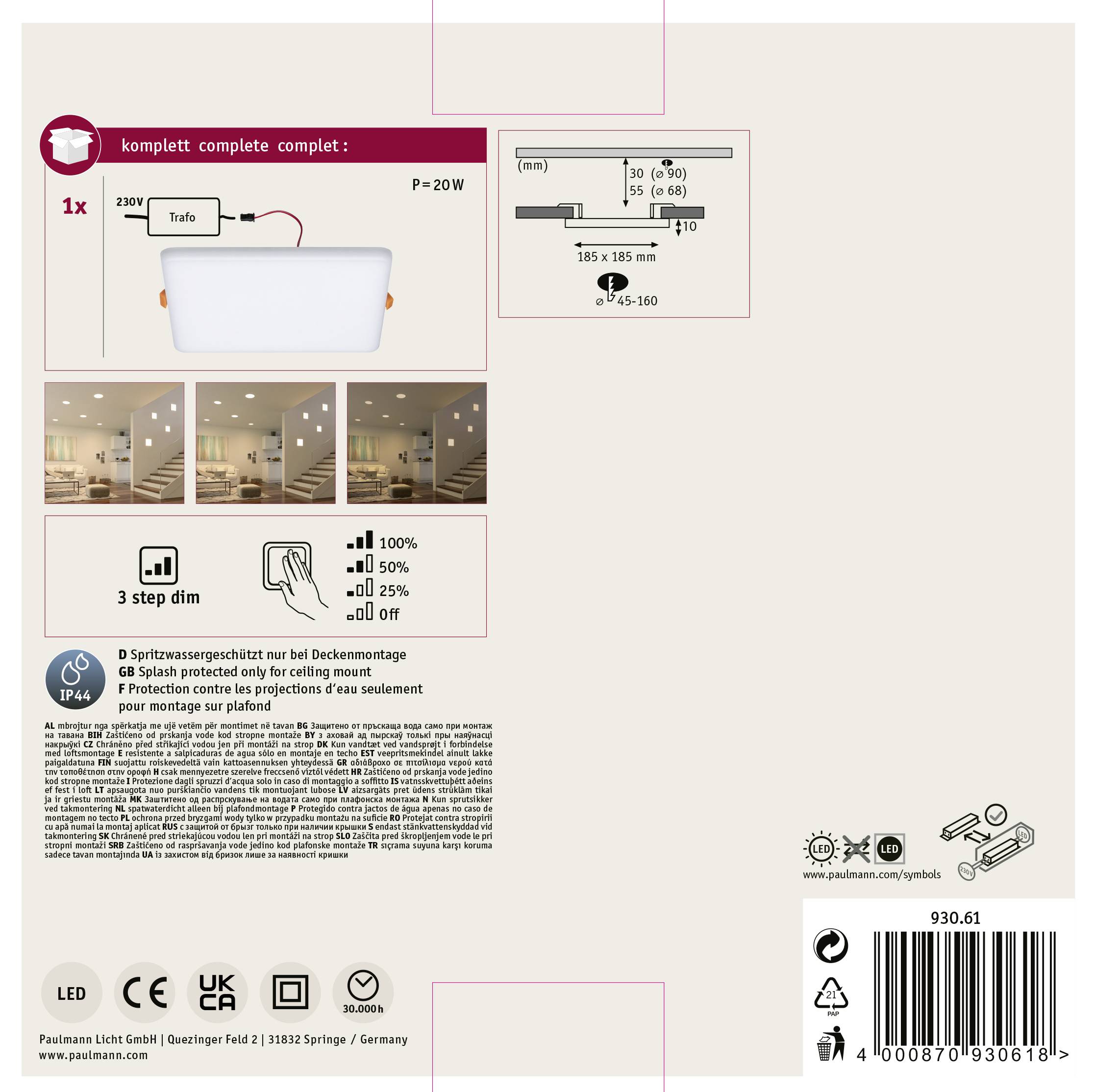 Paulmann 93061 EB Panel Veluna VariFit LED-Einbauleuchte 17W Satin