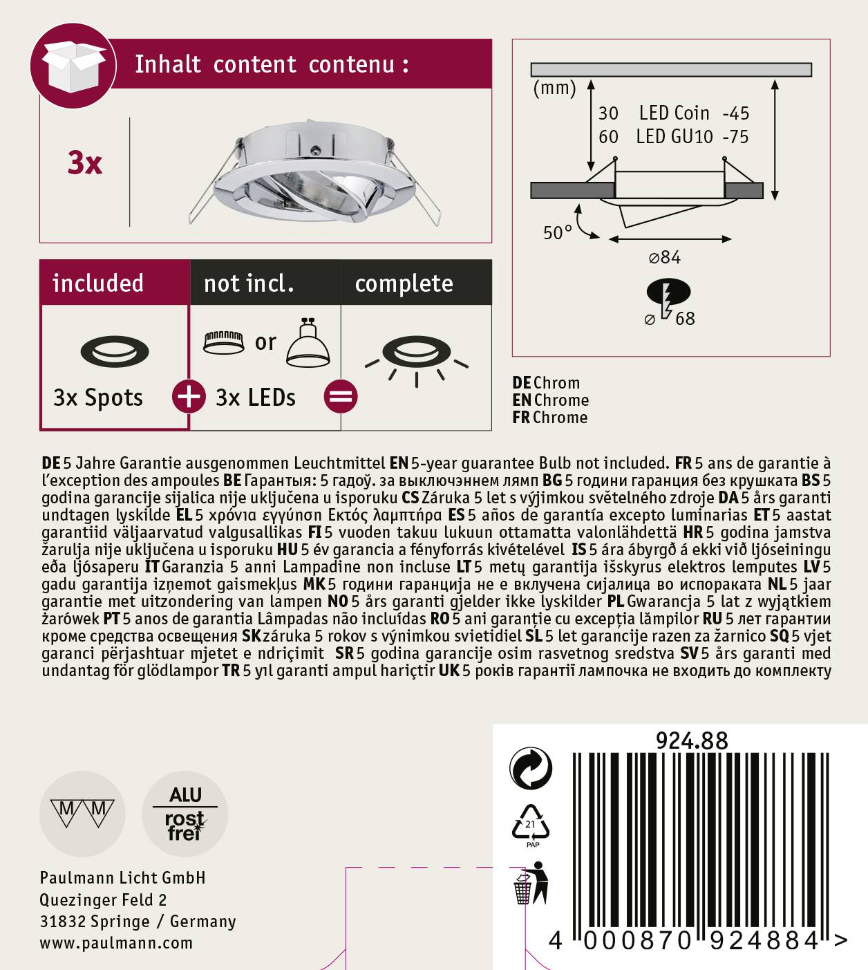Paulmann 92488 EBL Choose Einbauring 3er Set 10W Chrom