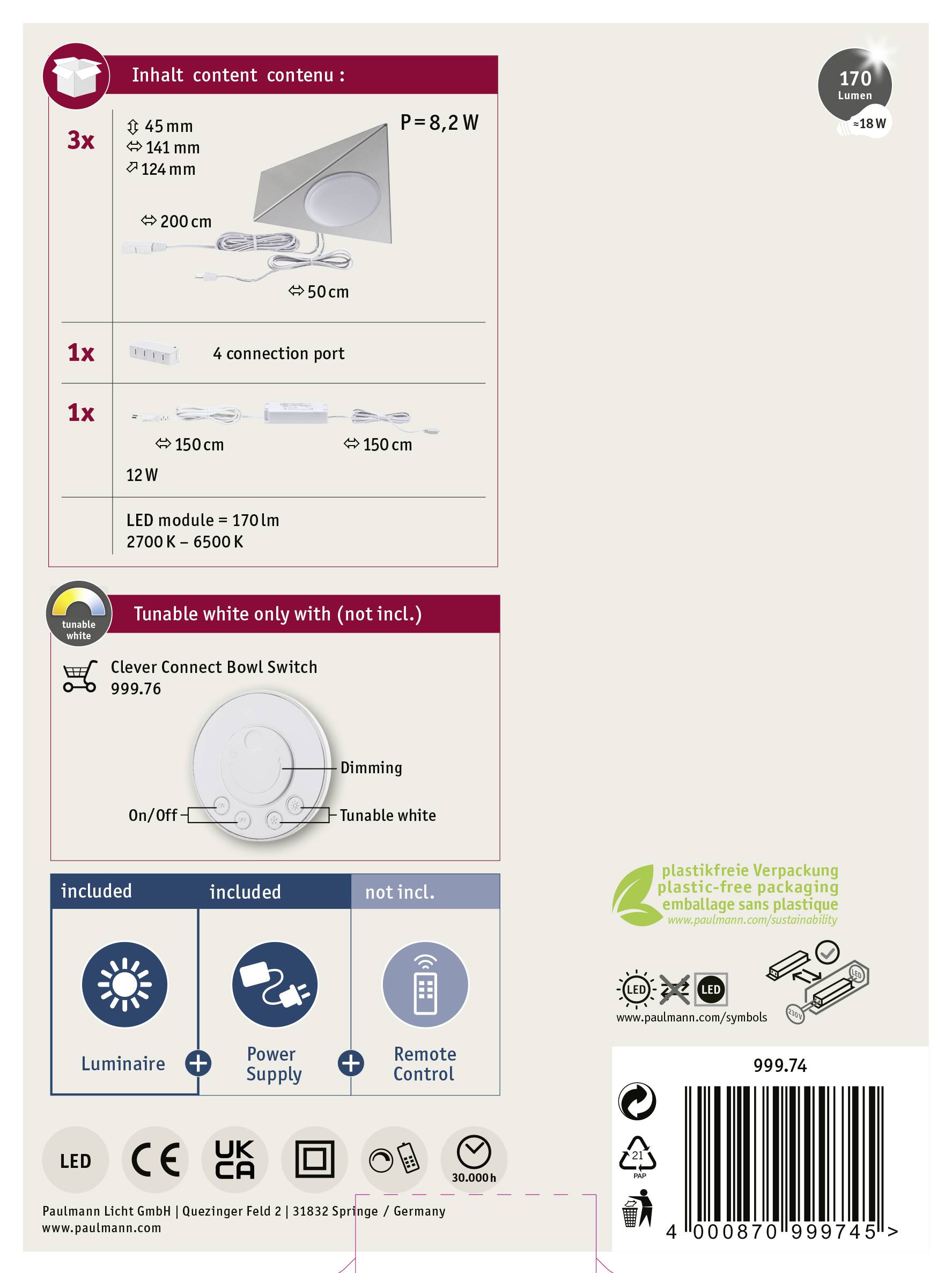 Paulmann CC Start Trigo Unterbauleuchte 3er Set 2.10W Warmweiß Nickel