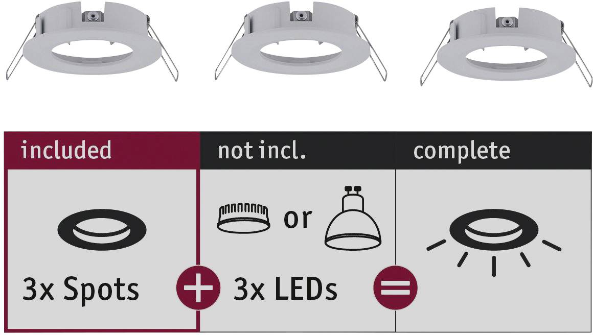 Drei weiße Deckenstrahler mit Federhalterungen oben. Darunter Anleitung: 3 Spots inklusive, 3 LEDs nicht enthalten, komplett bei Kombination.