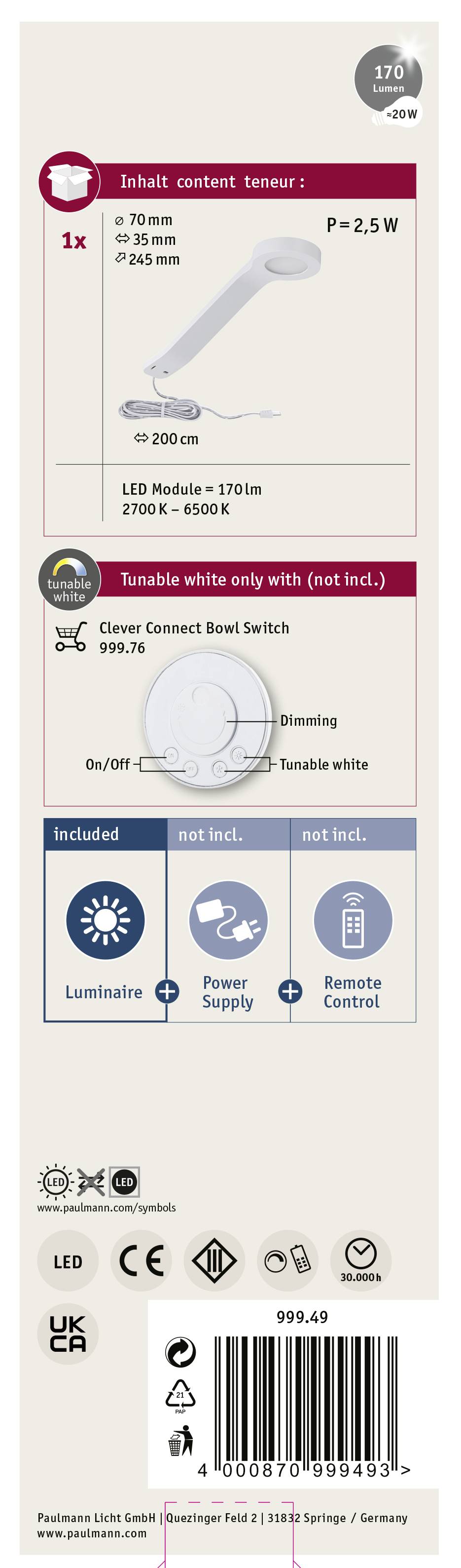 Paulmann CC Mike Aufbauleuchte 2W Warmweiß Weiß