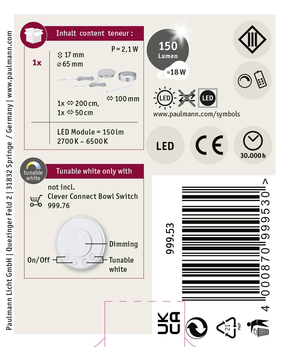 Paulmann CC Disc Unterbauleuchte 2.10 W Warmweiß Chrom