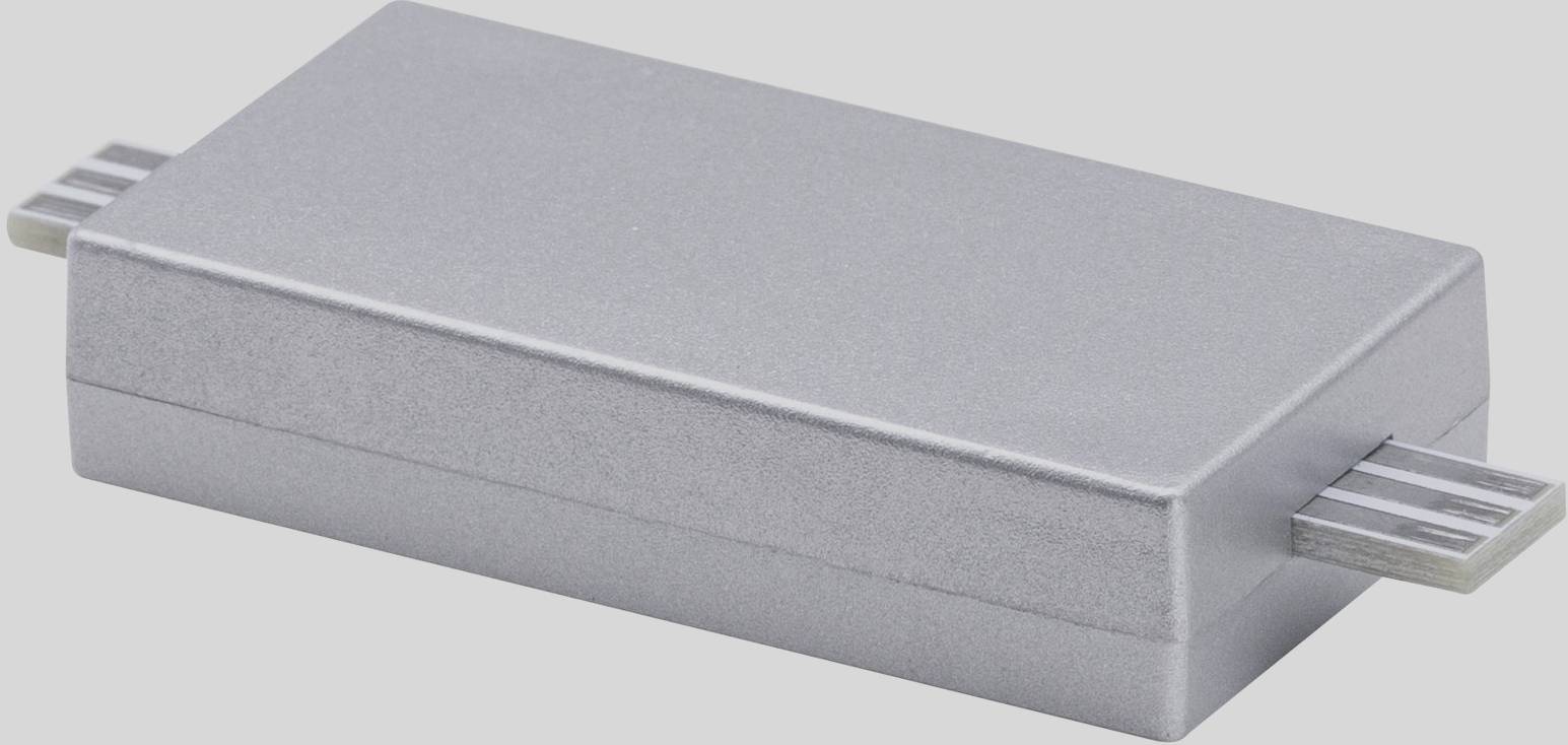 Graues, rechteckiges, metallic-ähnliches Gehäuse eines elektronischen Bauteils mit zwei seitlichen Anschlüssen.