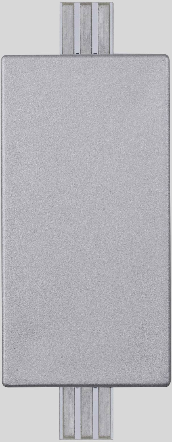 Silberne, rechteckige Abdeckung mit zwei vertikalen Schienen oben und unten.